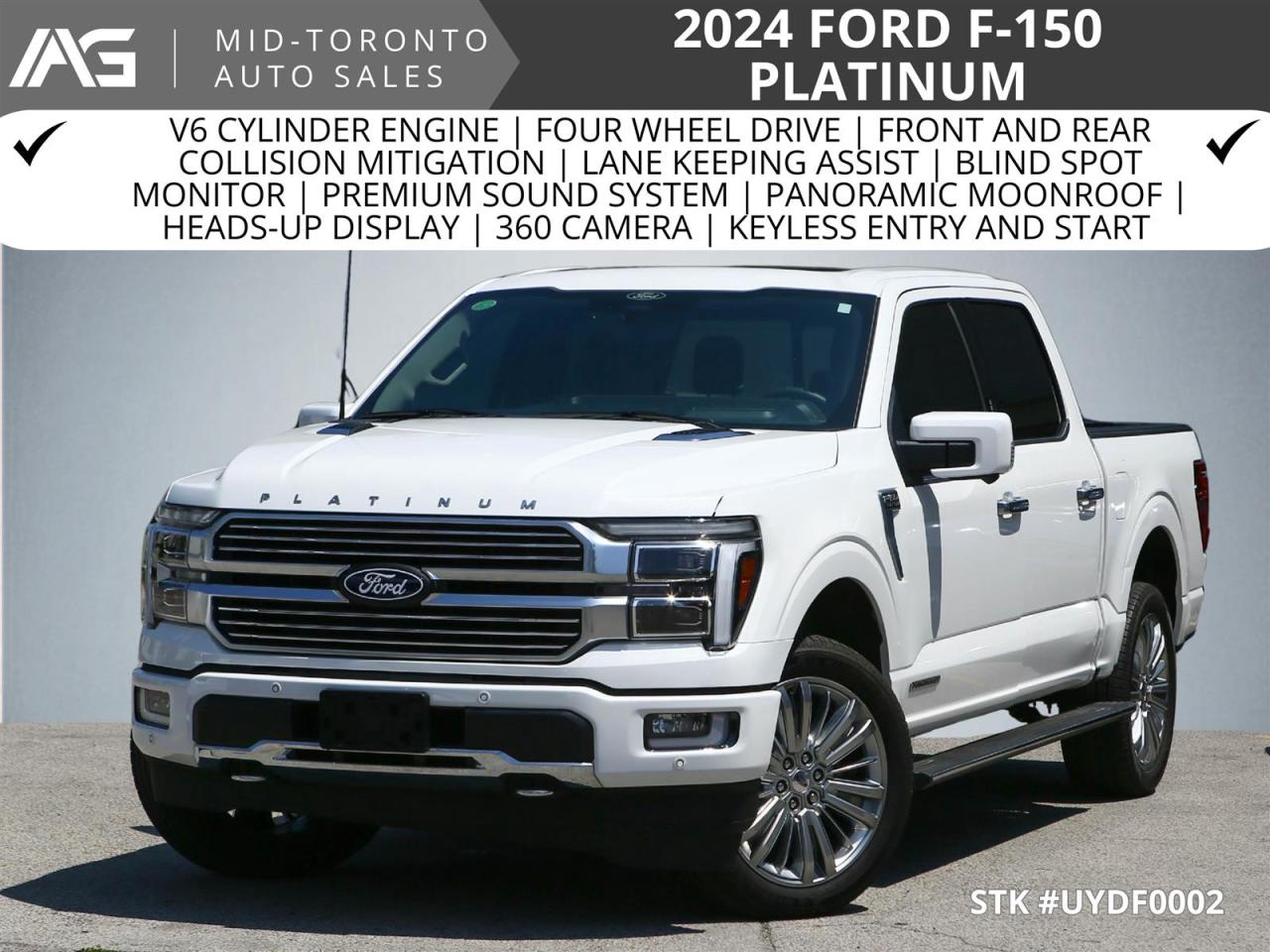 2024 Ford F-150 4X4 Platinum 3.5L , It is Star White Tri-coat on Smoked Truffle Leather Seats , Equipped With 3.5 L PowerBoost, 10 Speed Transmission, Power Running Boards, Power Tail Gate,12 inch Touch Screen, Adaptive Cruise Control, Full Panoramic Roof, Post Collision Brake System, Low Km and Local , Carfax Clean with service History .<br /><br /><p dir=ltr style=line-height:1.272;margin-top:12pt;margin-bottom:12pt;><span id=docs-internal-guid-162fa528-7fff-8364-0852-191e0214863c><span style=font-size: 11pt; font-family: Arial, sans-serif; font-weight: 700; font-variant-numeric: normal; font-variant-east-asian: normal; font-variant-alternates: normal; font-variant-position: normal; font-variant-emoji: normal; text-decoration-line: underline; text-decoration-skip-ink: none; vertical-align: baseline; white-space-collapse: preserve;>What to Expect at Mid Toronto Auto Sales</span></span></p><ul style=margin-top:0;margin-bottom:0;padding-inline-start:48px;><li aria-level=1 dir=ltr style=list-style-type: disc; font-size: 11pt; font-family: Arial, sans-serif; font-variant-numeric: normal; font-variant-east-asian: normal; font-variant-alternates: normal; font-variant-position: normal; font-variant-emoji: normal; vertical-align: baseline; white-space: pre;><p dir=ltr role=presentation style=line-height:1.272;margin-top:0pt;margin-bottom:0pt;><span id=docs-internal-guid-162fa528-7fff-8364-0852-191e0214863c><span style=font-size: 11pt; font-weight: 700; font-variant-numeric: normal; font-variant-east-asian: normal; font-variant-alternates: normal; font-variant-position: normal; font-variant-emoji: normal; vertical-align: baseline; text-wrap-mode: wrap;>Upfront Pricing: </span><span style=font-size: 11pt; font-variant-numeric: normal; font-variant-east-asian: normal; font-variant-alternates: normal; font-variant-position: normal; font-variant-emoji: normal; vertical-align: baseline; text-wrap-mode: wrap;>No Haggling, No Hassles. We offer our best price upfront for a transparent and stress-free car buying experience.</span></span></p></li><li aria-level=1 dir=ltr style=list-style-type: disc; font-size: 11pt; font-family: Arial, sans-serif; font-variant-numeric: normal; font-variant-east-asian: normal; font-variant-alternates: normal; font-variant-position: normal; font-variant-emoji: normal; vertical-align: baseline; white-space: pre;><p dir=ltr role=presentation style=line-height:1.272;margin-top:0pt;margin-bottom:0pt;><span id=docs-internal-guid-162fa528-7fff-8364-0852-191e0214863c><span style=font-size: 11pt; font-weight: 700; font-variant-numeric: normal; font-variant-east-asian: normal; font-variant-alternates: normal; font-variant-position: normal; font-variant-emoji: normal; vertical-align: baseline; text-wrap-mode: wrap;>Peace of Mind: </span><span style=font-size: 11pt; font-variant-numeric: normal; font-variant-east-asian: normal; font-variant-alternates: normal; font-variant-position: normal; font-variant-emoji: normal; vertical-align: baseline; text-wrap-mode: wrap;>Enjoy a 7-Day or 300 Km Exchange Policy (details available upon request) for added confidence in your purchase</span><span style=font-size: 11pt; font-weight: 700; font-variant-numeric: normal; font-variant-east-asian: normal; font-variant-alternates: normal; font-variant-position: normal; font-variant-emoji: normal; vertical-align: baseline; text-wrap-mode: wrap;>.</span></span></p></li><li aria-level=1 dir=ltr style=list-style-type: disc; font-size: 11pt; font-family: Arial, sans-serif; font-variant-numeric: normal; font-variant-east-asian: normal; font-variant-alternates: normal; font-variant-position: normal; font-variant-emoji: normal; vertical-align: baseline; white-space: pre;><p dir=ltr role=presentation style=line-height:1.272;margin-top:0pt;margin-bottom:0pt;><span id=docs-internal-guid-162fa528-7fff-8364-0852-191e0214863c><span style=font-size: 11pt; font-weight: 700; font-variant-numeric: normal; font-variant-east-asian: normal; font-variant-alternates: normal; font-variant-position: normal; font-variant-emoji: normal; vertical-align: baseline; text-wrap-mode: wrap;>Safety Guaranteed: </span><span style=font-size: 11pt; font-variant-numeric: normal; font-variant-east-asian: normal; font-variant-alternates: normal; font-variant-position: normal; font-variant-emoji: normal; vertical-align: baseline; text-wrap-mode: wrap;>All vehicles exceed Ontario safety standards through our comprehensive reconditioning process.</span></span></p></li><li aria-level=1 dir=ltr style=list-style-type: disc; font-size: 11pt; font-family: Arial, sans-serif; font-variant-numeric: normal; font-variant-east-asian: normal; font-variant-alternates: normal; font-variant-position: normal; font-variant-emoji: normal; vertical-align: baseline; white-space: pre;><p dir=ltr role=presentation style=line-height:1.272;margin-top:0pt;margin-bottom:0pt;><span id=docs-internal-guid-162fa528-7fff-8364-0852-191e0214863c><span style=font-size: 11pt; font-weight: 700; font-variant-numeric: normal; font-variant-east-asian: normal; font-variant-alternates: normal; font-variant-position: normal; font-variant-emoji: normal; vertical-align: baseline; text-wrap-mode: wrap;>Family-Friendly Focus: </span><span style=font-size: 11pt; font-variant-numeric: normal; font-variant-east-asian: normal; font-variant-alternates: normal; font-variant-position: normal; font-variant-emoji: normal; vertical-align: baseline; text-wrap-mode: wrap;>We'll help you find the perfect car to fit your family's needs and budget</span><span style=font-size: 11pt; font-weight: 700; font-variant-numeric: normal; font-variant-east-asian: normal; font-variant-alternates: normal; font-variant-position: normal; font-variant-emoji: normal; vertical-align: baseline; text-wrap-mode: wrap;>.</span></span></p></li><li aria-level=1 dir=ltr style=list-style-type: disc; font-size: 11pt; font-family: Arial, sans-serif; font-variant-numeric: normal; font-variant-east-asian: normal; font-variant-alternates: normal; font-variant-position: normal; font-variant-emoji: normal; vertical-align: baseline; white-space: pre;><p dir=ltr role=presentation style=line-height:1.272;margin-top:0pt;margin-bottom:0pt;><span id=docs-internal-guid-162fa528-7fff-8364-0852-191e0214863c><span style=font-size: 11pt; font-weight: 700; font-variant-numeric: normal; font-variant-east-asian: normal; font-variant-alternates: normal; font-variant-position: normal; font-variant-emoji: normal; vertical-align: baseline; text-wrap-mode: wrap;>Flexible Financing: </span><span style=font-size: 11pt; font-variant-numeric: normal; font-variant-east-asian: normal; font-variant-alternates: normal; font-variant-position: normal; font-variant-emoji: normal; vertical-align: baseline; text-wrap-mode: wrap;>Explore our Flexible low-rate financing solutions (On Approved Credit). Pre-approval applications are welcome.</span></span></p></li><li aria-level=1 dir=ltr style=list-style-type: disc; font-size: 11pt; font-family: Arial, sans-serif; font-variant-numeric: normal; font-variant-east-asian: normal; font-variant-alternates: normal; font-variant-position: normal; font-variant-emoji: normal; vertical-align: baseline; white-space: pre;><p dir=ltr role=presentation style=line-height:1.272;margin-top:0pt;margin-bottom:12pt;><span id=docs-internal-guid-162fa528-7fff-8364-0852-191e0214863c><span style=font-size: 11pt; font-weight: 700; font-variant-numeric: normal; font-variant-east-asian: normal; font-variant-alternates: normal; font-variant-position: normal; font-variant-emoji: normal; vertical-align: baseline; text-wrap-mode: wrap;>Industry-Leading Warranties: </span><span style=font-size: 11pt; font-variant-numeric: normal; font-variant-east-asian: normal; font-variant-alternates: normal; font-variant-position: normal; font-variant-emoji: normal; vertical-align: baseline; text-wrap-mode: wrap;>Get peace of mind with our exceptional warranty and coverage options,</span></span></p></li></ul><span id=docs-internal-guid-162fa528-7fff-8364-0852-191e0214863c><span style=font-size: 11pt; font-family: Arial, sans-serif; font-weight: 700; font-variant-numeric: normal; font-variant-east-asian: normal; font-variant-alternates: normal; font-variant-position: normal; font-variant-emoji: normal; text-decoration-line: underline; text-decoration-skip-ink: none; vertical-align: baseline; white-space-collapse: preserve;>Please Call 416-840-3292 or e-mail us for More info. We Look Forward to Your Visit At 2401 Dufferin St, Toronto, M6E 3S7. </span><a href=http://www.midtorontoautosales.com/ style=text-decoration-line: none;><span style=font-size: 11pt; font-family: Arial, sans-serif; color: rgb(17, 85, 204); font-weight: 700; font-variant-numeric: normal; font-variant-east-asian: normal; font-variant-alternates: normal; font-variant-position: normal; font-variant-emoji: normal; text-decoration-line: underline; text-decoration-skip-ink: none; vertical-align: baseline; white-space-collapse: preserve;>www.midtorontoautosales.com</span></a></span><br /><br /> <strong>AMAZING Google Reviews!! </strong><a href=https://www.google.com/search?q=mid+toronto+auto+sales&rlz=1C1RXQR_en&oq=mid+toronto+&aqs=chrome.0.0i355i457i512j46i175i199i512j69i57j46i175i199i512j0i22i30j69i60l3.3013j0j7&sourceid=chrome&ie=UTF-8#lrd=0x882b335f7de0ff9b:0x87dd46c2ad07327d,1,,,><strong>Click here for our reviews!</strong></a><br /><br /><span style=font-size:14px;><strong>Mid Toronto Auto Sales Promises and Commitments to Valuable Customers.</strong></span><br /><ul><li><strong>Extensive Financing Options: </strong>Partnering with over 20 financial institutions, we offer competitive rates for all credit situations, from good to bad credit, including those with past financial challenges like consumer proposals and bankruptcies<strong>.</strong></li><li><strong>Transparent Pricing: </strong>Our prices are updated regularly to reflect current market conditions, saving you time and eliminating the need for extensive negotiations<strong>.</strong></li><li><strong>Competitive Pricing: </strong>We strive for competitive pricing. Compare our offers to other dealerships and discover the Mid Toronto Auto Sales advantage<strong>.</strong></li><li><strong>Peace of Mind: </strong>Enjoy a 7-Day or 300 Km Exchange Policy (details available upon request) for added confidence in your purchase<strong>.</strong></li><li><strong>Financing Focus</strong>: Please note that the advertised prices are based on financed purchases. A surcharge of $500 will apply to cash, draft, money order, certified check, etc., to mitigate the risk of fraudulent transactions and prevent non-retail purchases.</li><li><strong>Onsite Credit Expertise: </strong>Our in-house credit specialists can quickly assess your application, regardless of your credit history. We also offer affiliate debt reduction assistance.</li><li><strong>Convenient Location: </strong>Located on Dufferin Street, just minutes from Yorkdale Mall, we are easily accessible to car buyers throughout the Greater Toronto Area (GTA)<strong>.</strong></li><li><strong>Multilingual Support: </strong>We are proud to serve a diverse clientele and offer support in multiple languages, including Portuguese, Spanish, and Italian.</li><li><strong>IAG Partnership: </strong>As a member of the International Auto Group, we leverage the expertise and resources of renowned dealerships such as Yorkdale Ford Lincoln, Formula Ford Lincoln, Weston Ford, Pickering Jeep Chrysler, Scarborough Mitsubishi, and Coventry North Jaguar Land Rover.</li><li><strong>Disclaimer: While we strive for accuracy, errors or omissions may occur. Please verify all information with Mid Toronto Auto Sales directly</strong></li></ul>