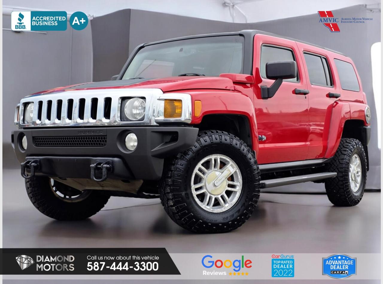 Just Arrived 2007 HUMMER H3 Adventure 4X4 Red has 297,598 KM on it. 3.7L 5 Cylinder Engine engine, Four-Wheel Drive, Automatic transmission, 5 Seater passengers, on special price for $9,900.00. <br/> <br/> <br/> Book your appointment today for Test Drive. We offer contactless Test drives & Virtual Walkarounds. Stock Number: 25224 <br/> <br/> <br/> At Diamond Motors, we are dedicated to providing you with an outstanding car-buying experience, offering quality pre-owned vehicles at prices that fit your budget. Our transparent and honest approach means you can expect straightforward guidance without any high-pressure sales tactics. We believe in building lasting relationships with our customers by offering personalized service tailored to your needs. From the moment you step onto our lot, our team is here to support you every step of the way, ensuring you leave confident in your decision. Trust, integrity, and customer satisfaction are the foundation of everything we do. <br/> <br/> <br/> Why choose us? <br/> <br/> Certified Pre-Owned Vehicles <br/> Family Owned & Operated <br/> Finance Available <br/> Extended Warranty <br/> Vehicles Priced to Sell <br/> No Pressure Environment <br/> Inspection & Carfax Report <br/> Professionally Detailed Vehicles <br/> Full Disclosure Guaranteed <br/> AMVIC Licensed <br/> BBB Accredited Business <br/> CarGurus Top-rated Dealer 2022 & 2024 <br/> <br/> <br/> Phone to schedule an appointment @ 587-444-3300 or simply browse our inventory online www.diamondmotors.ca or come and see us at our location at <br/> 3403 93 street NW, Edmonton, T6E 6A4 <br/> <br/> <br/> To view the rest of our inventory: <br/> www.diamondmotors.ca/inventory <br/> <br/> <br/> This dealership provides all required disclosures in accordance with AMVIC regulations. A completed Mechanical Fitness Assessment and its associated inspection work order will be supplied with every vehicle. A Carfax (or equivalent) vehicle history report will also be provided, including available information on previous damage, accident history, stolen or salvage status, and jurisdictional records. <br/> Customers are encouraged to review all vehicle features, options, and equipment for accuracy prior to purchase. <br/>