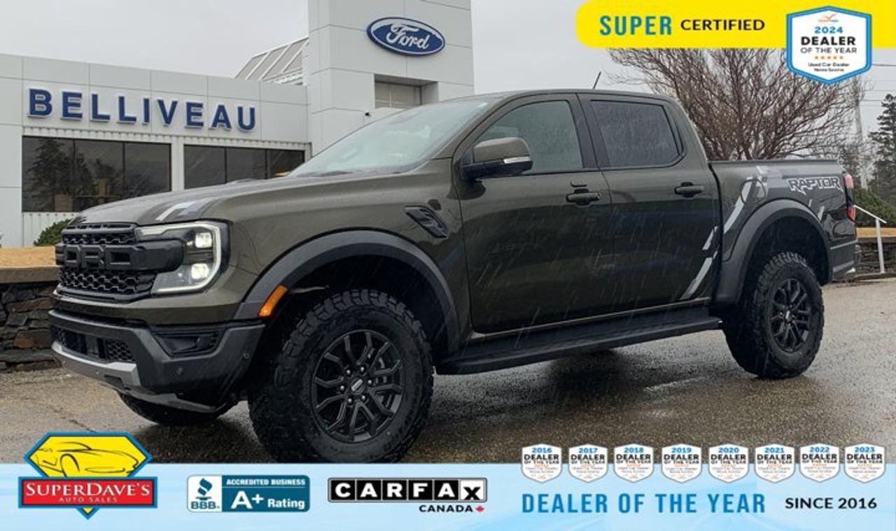 <p> Adaptive Cruise Control, Compass, Voice Activated Dual Zone Front Automatic Air Conditioning, Upfitter Switches, Turn-By-Turn Navigation Directions, Transmission w/SelectShift Sequential Shift Control, Trailer Wiring Harness, Tracker System, Towing Equipment -inc: Brake Controller and Trailer Sway Control, Tire Specific Low Tire Pressure Warning. This Ford RANGER has a dependable Twin Turbo Premium Unleaded V-6 3.0 L/180 engine powering this Automatic transmission. </p> <p>These Packages Will Make Your Ford RANGER RAPTOR The Envy of Your Friends <br /> Tailgate Rear Cargo Access, Streaming Audio, Steel Spare Wheel, Solid Axle Rear Suspension w/Coil Springs, Smart Device Remote Engine Start, Side Steps, Side Impact Beams, Short And Long Arm Front Suspension w/Coil Springs, Securilock Anti-Theft Ignition (pats) Immobilizer, Seats w/Leatherette Back Material, Safety Canopy System Curtain 1st And 2nd Row Airbags, Right Side Camera, Reverse Brake Assist, Restricted Driving Mode/Alerts, Remote Keyless Entry w/Integrated Key Transmitter, Illuminated Entry and Panic Button, Regular Box Style, Regular Amplifier, Redundant Digital Speedometer, Rear Child Safety Locks, Rain Detecting Variable Intermittent Wipers. </p><br><p>THE SUPER DAVES ADVANTAGE</p> <p>BUY REMOTE - No need to visit the dealership. Through email, text, or a phone call, you can complete the purchase of your next vehicle all without leaving your house!</p> <p>DELIVERED TO YOUR DOOR - Your new car, delivered straight to your door! When buying your car with Super Daves, well arrange a fast and secure delivery. Just pick a time that works for you and well bring you your new wheels!</p> <p>PEACE OF MIND WARRANTY - Every vehicle we sell comes backed with a warranty so you can drive with confidence.</p> <p>EXTENDED COVERAGE - Get added protection on your new car and drive confidently with our selection of competitively priced extended warranties.</p> <p>WE ACCEPT TRADES - We&rsquo;ll accept your trade for top dollar! We&rsquo;ll assess your trade in with a few quick questions and offer a guaranteed value for your ride. We&rsquo;ll even come pick up your trade when we deliver your new car.</p> <p>SUPER CERTIFIED INSPECTION - Every vehicle undergoes an extensive 120 point inspection, that ensure you get a safe, high quality used vehicle every time.</p> <p>FREE CARFAX VEHICLE HISTORY REPORT - If youre buying used, its important to know your cars history. Thats why we provide a free vehicle history report that lists any accidents, prior defects, and other important information that may be useful to you in your decision.</p> <p>METICULOUSLY DETAILED &ndash; Buying used doesn&rsquo;t mean buying grubby. We want your car to shine and sparkle when it arrives to you. Our professional team of detailers will have your new-to-you ride looking new car fresh.</p> <p>(Please note that we make all attempt to verify equipment, trim levels, options, accessories, kilometers and price listed in our ads however we make no guarantees regarding the accuracy of these ads online. Features are populated by VIN decoder from manufacturers original specifications. Some equipment such as wheels and wheels sizes, along with other equipment or features may have changed or may not be present. We do not guarantee a vehicle manual, manuals can be typically found online in the rare event the vehicle does not have one. Please verify all listed information with our dealership in person before purchase. The sale price does not include any ongoing subscription based services such as Satellite Radio. Any software or hardware updates needed to run any of these systems would also be the responsibility of the client. All listed payments are OAC which means On Approved Credit and are estimated without taxes and fees as these may vary from deal to deal, taxes and fees are extra. As these payments are based off our lenders best offering they may be subject to change without notice. Please ensure this vehicle is ready to be viewed at the dealership by making an appointment with our sales staff. We cannot guarantee this vehicle will be on premises and ready for viewing unless and appointment has been made.)</p>
