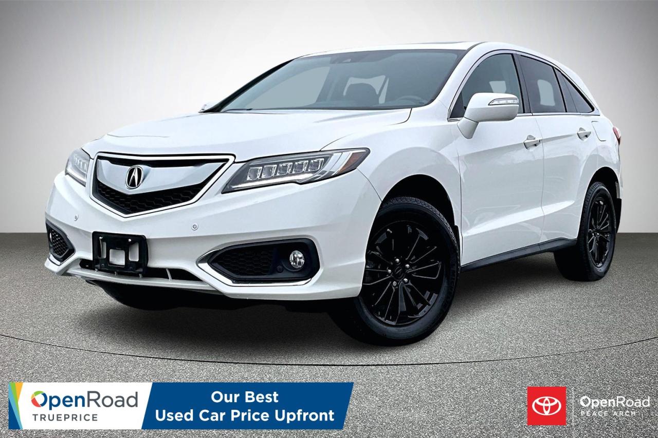 The 2016 Acura RDX Elite is the top-trim compact luxury SUV in its model year, combining performance, comfort, technology, and safety. It is powered by a 3.5 L V6 with 279 hp and comes standard with AWD. The Elite trim adds unique 18-inch machined alloy wheels, fog lights, auto-dimming side mirrors, and front and rear parking sensors. Inside, leather seating is heated and ventilated up front along with dual-zone automatic climate control, integrated navigation, premium audio, and a dual-screen infotainment system. AcuraWatch driver-assist features include adaptive cruise control, lane keeping assist, lane departure warning, and forward collision mitigation. Additional amenities include a powered liftgate, multi-angle rear camera, HomeLink, and memory driver&rsquo;s seat.  Have confidence with your OpenRoad purchase! Every OpenRoad Certified Pre-Owned vehicle comes fully reconditioned and complete with a comprehensive 153 point mechanical inspection, a CarFax history & lien report, a 3-Day Money Back Guarantee, a 30-Day/2,000 kms Exchange Policy, a 90-Day/5,000 kms Powertrain Warranty, guaranteed clear title, and membership to our exclusive Club OpenRoad! As a proud member of the OpenRoad Auto Group, a trusted name since 2000 serving the Lower mainland (including White Rock, Surrey, Langley, Maple Ridge, Delta, Richmond, Mission and beyond) with outstanding Toyota vehicles, Toyota parts, and Toyota service since 1966! OpenRoad Toyota Peace Arch is a &ldquo;True Price&rdquo; dealer, meaning no inflated prices, and no need for back and forth haggling! We use up to the minute technology offering LIVE MARKET VALUE PRICING to ensure you are receiving the most competitive price possible on all of our Pre-Owned vehicles!  All advertised vehicle prices do not include our $599 documentation fee.