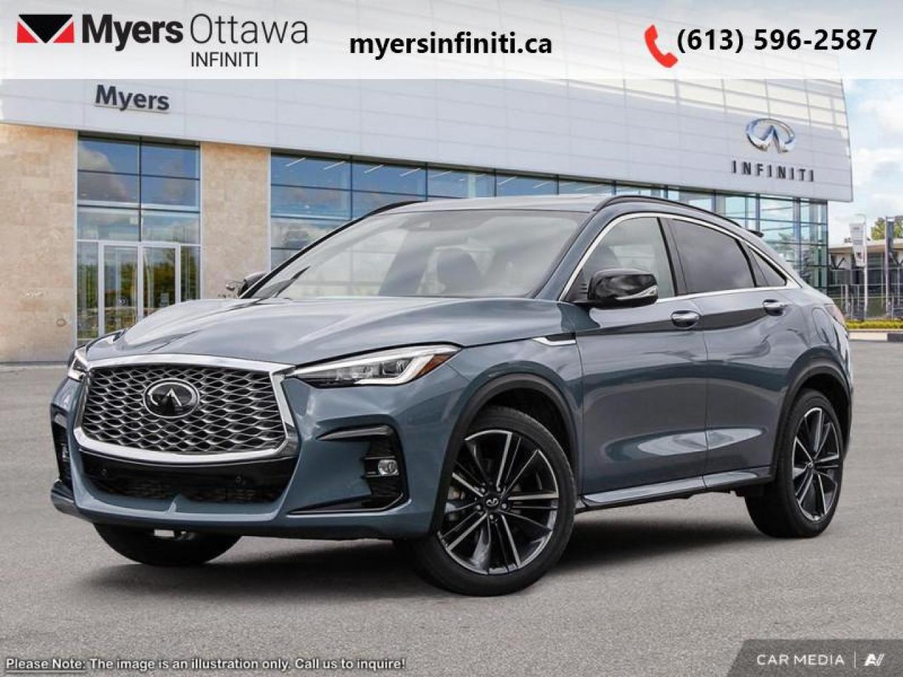 <b>Leather Seats!</b><br> <br> <br> <br>  Sculpted lines, swooping curves and a wide, dynamic stance make this QX55 as fulfilling to look at as it is to drive. <br> <br>With stylish exterior looks and an upscale interior, this Infiniti QX55 rubs shoulders with the best luxury crossovers in the segment. Focusing on engaging on-road dynamics with dazzling styling, the QX55 is a fantastic option for those in pursuit of cutting-edge refinement. The interior exudes unpretentious luxury, with a suite of smart tech that ensures youre always connected and safe when on the road.<br> <br> This slate gray pearl metallic SUV  has an automatic transmission and is powered by a  268HP 2.0L 4 Cylinder Engine.<br> <br> Our QX55s trim level is ESSENTIAL. This QX55 ESSENTIAL rewards you with inbuilt navigation, a 16-speaker Bose audio system and a 360-camera setup, and is loaded with great features such as a glass sunroof, a power liftgate for rear cargo access, leather-trimmed ventilated and heated front seats with lumbar support, a heated steering wheel, dual-zone climate control, and a wireless charging pad. Additional features include adaptive cruise control, Apple CarPlay and Android Auto, blind spot intervention, lane keeping assist with lane departure warning, and front and rear collision mitigation. This vehicle has been upgraded with the following features: Leather Seats. <br><br> <br>To apply right now for financing use this link : <a href=https://www.myersinfiniti.ca/finance/ target=_blank>https://www.myersinfiniti.ca/finance/</a><br><br> <br/> Total  rebate of $1500 is reflected in the price.   0% financing for 60 months. 0.99% financing for 84 months. <br> Buy this vehicle now for the lowest bi-weekly payment of <b>$423.61</b> with $0 down for 84 months @ 0.99% APR O.A.C. ( taxes included, $921  and licensing fees    ).  Incentives expire 2025-09-02.  See dealer for details. <br> <br><br> Come by and check out our fleet of 20+ used cars and trucks and 80+ new cars and trucks for sale in Ottawa.  o~o