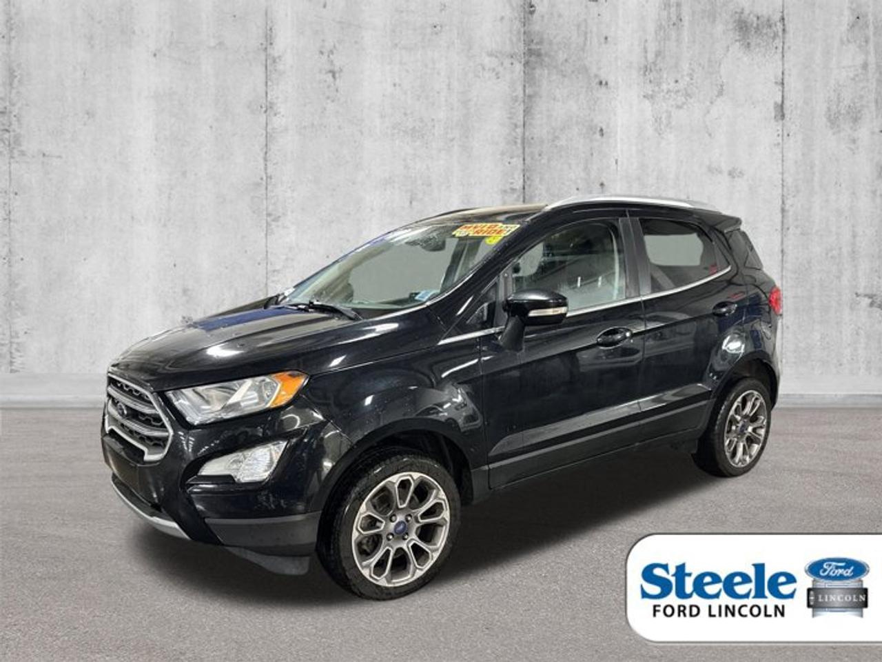 FRESH 2 YEAR MVI!Steele Hyundai MVI and Ride. All MVI and Ride vehicles have been inspected and brought up to provincial motor vehicle inspection standards.We also change the oil as part of our process to get this vehicle ready for you.Warranty: There is a 30-day 50/50 split warranty on parts and labor on any motor vehicle inspection items.Please note items such as air conditioning & engine lights are not MVI related items.TRADE INS ARE WELCOME.Discover comfort, capability, and premium features in this 2018 Ford EcoSport Titanium AWD. Powered by a 166hp 2.0L 4cylinder engine paired with a smooth 6speed automatic transmission, this AWD model delivers confident traction and practical everyday performance.Inside, enjoy leather seats, heated front seats, power driver seat, advanced infotainment, Apple CarPlay/Android Auto, premium audio, and navigation, all designed to elevate your driving experience.This versatile SUV offers seating for five, a smart side swing rear gate, and 20.9 cu. ft. of cargo space, making it perfect for commuting or weekend adventures.With features like rear parking aid, rearview camera, rain sensing wipers, and remote start, the Titanium trim blends convenience with peace of mind.A compact footprint with premium styling and 17-inch aluminum wheels completes the package ideal for drivers seeking style, comfort, and capability in one efficient AWD SUV.
