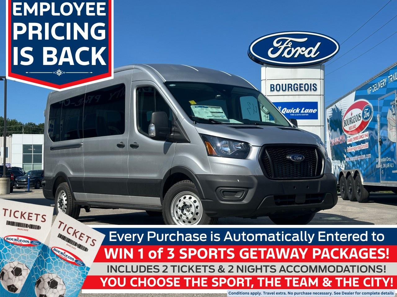 <p><strong>Employee Pricing is BACK at Bourgeois</strong> and the Team at Bourgeois Motors is giving you the chance to SAVE BIG and giving 3 lucky winners to chance to see your favourite sports team play. Every purchase in the month of August is automatically entered to win 1 of 3 Sports Getaway Packages which includes 2 tickets and 2 nights' accommodations. You pick the sport, you pick the team and you pick the city. This offer applies to 2 tickets the regular season game of your choice, NHL, NBA, MLS, PGA, NFL, CFL... you name it, you can go. Terms and conditions do apply, please speak to a member of the team to complete details. Travel extra. Offer expires August 31st, 2025. Winners to be drawn September 15th, 2025. <a href=https://www.bourgeoismotors.com/contest-terms-and-conditions/ rel=nofollow>See complete contest terms and conditions.</a></p> <p>Introducing the 2025 Ford Transit Passenger Wagon T-350 148" Med Roof XL AWD, in a stunning silver finish that seamlessly blends versatility with handling precision. This all-wheel-drive powerhouse, powered by a 3.5L 6-cylinder engine with automatic transmission, makes every journey a comfortable and responsive driving experience.</p> <p>Outside, the vans commanding presence and carefully crafted bodywork highlight its robust design suited for both urban environments and longer hauls. Inside, the spacious cabin is designed with practicality and comfort in mind, providing generous room for passengers or cargo. High-quality finishes and thoughtful interior styling details cater to all your functional needs.</p> <p>The Ford Transit XL offers cutting-edge technology, featuring a backup camera and a Bluetooth connection to keep you connected on the road. Enjoy peace of mind thanks to its advanced safety features like lane assist and brake assist systems. Additionally, it's equipped with a convenient keyless entry, power windows, cruise control, and even a Wi-Fi hotspot for increased passenger convenience and entertainment options.</p> <p>This van is perfect for business owners or families looking to transport people comfortably and safely. Discover how the 2025 Ford Transit can enhance your lifestylecontact our dealership today for more information and to schedule a test drive!</p> <p><span style=color:rgb( 58 , 80 , 95 )>The discount shown on vehicle represents the </span><u>Cash Purchase</u><span style=color:rgb( 58 , 80 , 95 )> discount and is inclusive of all non-stackable and stackable cash purchase discounts from Ford of Canada and Bourgeois Motors Ltd. and is offered in lieu of sub-vented lease or finance rates. To get details on current discounts applicable to this and other vehicles in our inventory for Lease and Finance customer, see a member of our team. All offers for lease or finance are On Approved Credit (OAC).While every effort is made to ensure the accuracy of discounts and programs, programs are subject to change without notice </span><span style=color:rgb( 119 , 119 , 119 )>and may not be accurate or completely current. While every reasonable effort is made to ensure the accuracy of this data, we are not responsible for any errors or omissions contained on these pages.</span></p> <p><strong>Why Choose the Bourgeois Auto Group?</strong></p><p>For 80 years, Bourgeois Auto Group has been delivering exceptional automotive experiences. Our factor trained teams work to ensure you receive the shopping experience you deserve; whether you're looking for a new or new-to-you vehicle.</p><p>Shop 24/7 with our online showroom and chat service, ensuring convenience every step of the way. No hidden fees, full disclosure, and every pre-owned vehicle comes with a Carfax® report for peace of mind.</p><p>We offer a wide selection of pre-owned vehicles, all competitively priced using real-time market data. Get the best deal on your purchase and trade-in with our free Live Market Analysis report.</p><p>Looking to sell your car? We buy any make or modelno purchase required. Our simple to use online trade valuation tool will provide you with a clear, transparent selling experience whether you buy our car or not.</p><p>Backed by hundreds dedicated employees across 4 convenient locations, were here to meet all your automotive needs. Visit us in Midland or Parry Sound and explore our inventory or schedule your next service today.</p> <p><strong>Financing Your Next Vehicle with Bourgeois Motors Ford in Midland:</strong></p><p>At Bourgeois Motors Ford, we make financing your next vehicle simple and stress-free! Our team works with trusted lenders to find flexible options tailored to your budget. Drive away with confidenceapply today!</p><p>Take advantage of our online pre-qualification tool, backed by Equifax and TD Bank to find the payment that works for you. Simply <a href=https://www.bourgeoismotors.com/free-credit-check/ rel=nofollow><strong>CLICK HERE</strong></a><strong> </strong>to use our secure online credit tool with no impact to your credit.</p>