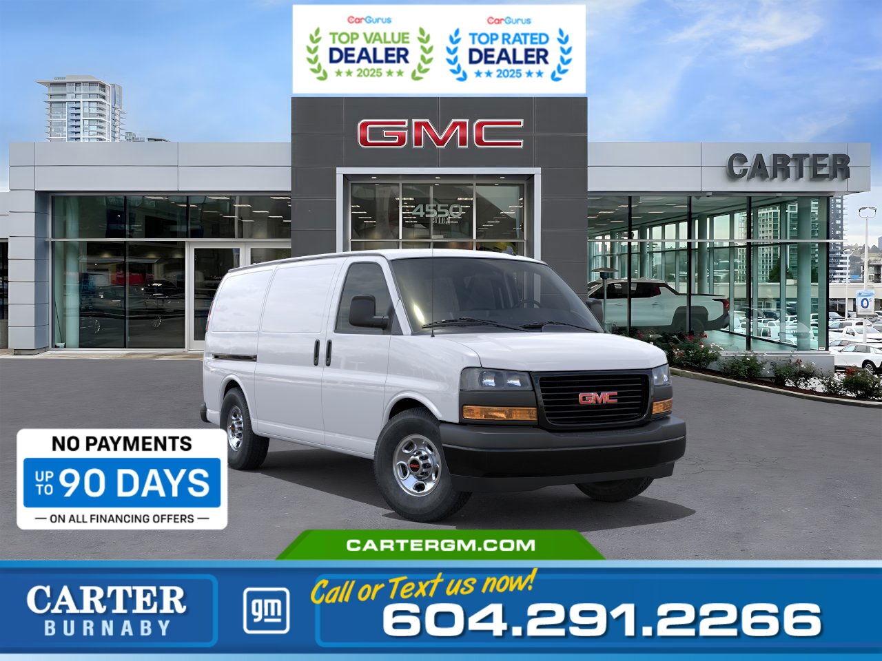 Built for Work. Built for You. The 2025 GMC Savana Cargo Van isn&rsquo;t just a van &mdash;it&rsquo;s a tool you can count on. Whether you&rsquo;re hauling materials, moving your crew, or setting it up for a specialized trade, Savana delivers the options you need:  - Remote keyless entry - Engine, 6.6L V8 with Direct Injection - Cold Climate Package includes (K05) engine block heater - Heavy-duty 6000 cold-cranking amps - Rear air conditioning - Door, swing-out passenger-side, 60/40 split - Bumpers, front and rear painted Black with step-pad - Mirrors, outside heated power-adjustable - Theft-deterrent system, vehicle, PASS-Key III - Defogger, side windows - Cup holders, 3 on the engine console cover - Cargo tie-downs 6 D-ring attachments on cargo area floor - Hill Start Assist - StabiliTrak, traction assistance and vehicle stability enhancement system  With large cargo capacity, endless upfit possibilities, and proven safety features, the 2025 GMC Savana is built to handle your toughest jobs while protecting your crew and your bottom line.  WHY CARTER GM BURNABY?  - An unrivalled vehicle purchasing experience! - Exceeding our loyal customers expectations since 1963 - 4.5 Google star rating with 2,175+ customer reviews) - CarGurus Top-Rated Dealer 2025 Award - CarGurus Top Value Dealer 2025 Award - Vehicle trades welcome! Best price guaranteed! - We provide upfront pricing, zero hidden fees, and 100% transparency - Fast approvals and 99% acceptance rates (no matter your current credit status!) - Multilingual staff (many languages spoken) - Comfortable non-pressured environment with in-store television, WIFI and a childrens play area! - In-store restaurant: fresh daily menu  Were here to help you drive the vehicle you want, the vehicle you deserve! QUESTIONS? GREAT! WEVE GOT ANSWERS! To speak with a friendly vehicle specialist - CALL NOW! (Doc. Fee: $495.00 Dealer Code: D5505)
