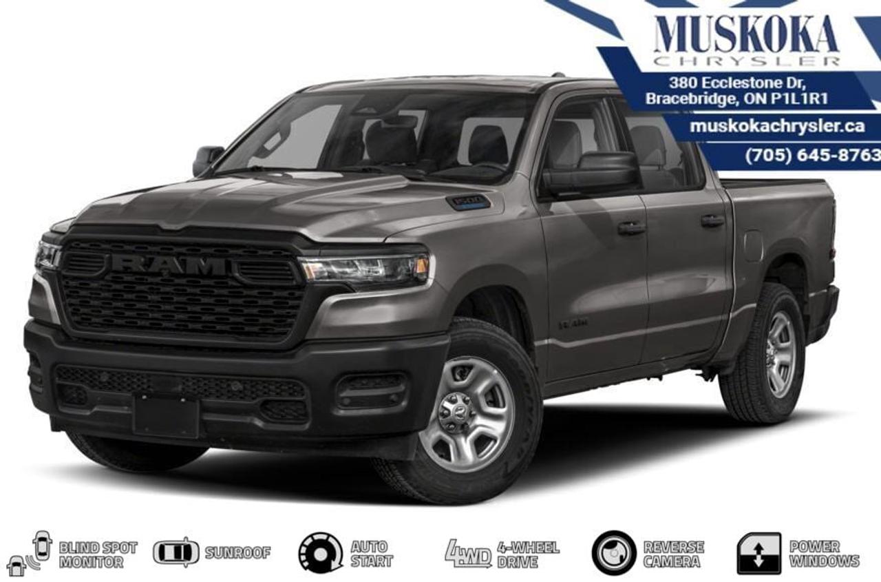This RAM All-New 1500 Tradesman, with a 3.6L V-6 engine engine, features a 8-speed automatic transmission, and generates 9.7 highway/12.2 city L/100km. Find this vehicle with only 15 kilometers!  RAM All-New 1500 Tradesman Options: This RAM All-New 1500 Tradesman offers a multitude of options. Technology options include: Voice Recorder, 2 LCD Monitors In The Front, MP3 Capability, Radio w/Seek-Scan, Clock, Speed Compensated Volume Control, Aux Audio Input Jack, Voice Activation, Radio Data System and External Memory Control, Radio: Uconnect 5 w/8.4 Display.  Safety options include Variable Intermittent Wipers, Airbag Occupancy Sensor, Curtain 1st And 2nd Row Airbags, Dual Stage Driver And Passenger Front Airbags, Dual Stage Driver And Passenger Seat-Mounted Side Airbags.  Visit Us: Find this RAM All-New 1500 Tradesman at Muskoka Chrysler today. We are conveniently located at 380 Ecclestone Dr Bracebridge ON P1L1R1. Muskoka Chrysler has been serving our local community for over 40 years. We take pride in giving back to the community while providing the best customer service. We appreciate each and opportunity we have to serve you, not as a customer but as a friend