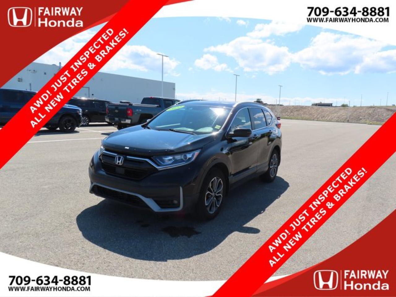 Recent Arrival!Crystal Black Pearl 2022 Honda CR-V EX-L AWD! JUST INSPECTED ALL NEW TIRES and BRAKES! AWD CVT 1.5L I4 Turbocharged DOHC 16V LEV3-ULEV50 190hp*Professionally Detailed*, *Market Value Pricing*, AWD, 18 Aluminum Alloy Wheels, 4-Wheel Disc Brakes, 8 Speakers, ABS brakes, Adaptive Cruise Control: Adaptive Cruise Control (ACC) with Low-Speed Follow, Air Conditioning, AM/FM radio: SiriusXM, Apple CarPlay/Android Auto, Auto High-beam Headlights, Auto-dimming Rear-View mirror, Automatic temperature control, Brake assist, Bumpers: body-colour, Delay-off headlights, Driver door bin, Driver vanity mirror, Dual front impact airbags, Dual front side impact airbags, Electronic Stability Control, Exterior Parking Camera Rear, Forward collision: Collision Mitigation Braking System (CMBS) + FCW mitigation, Four wheel independent suspension, Front anti-roll bar, Front dual zone A/C, Front fog lights, Front reading lights, Garage door transmitter: HomeLink, Heated door mirrors, Heated Front Bucket Seats, Heated rear seats, Heated steering wheel, Illuminated entry, Leather Shift Knob, Low tire pressure warning, Memory seat, Occupant sensing airbag, Outside temperature display, Overhead airbag, Overhead console, Panic alarm, Passenger door bin, Passenger vanity mirror, Power door mirrors, Power driver seat, Power Liftgate, Power moonroof, Power steering, Power windows, Radio data system, Radio: 180-Watt AM/FM Audio System, Rear anti-roll bar, Rear window defroster, Rear window wiper, Remote keyless entry, Security system, SiriusXM, Speed control, Speed-sensing steering, Speed-Sensitive Wipers, Split folding rear seat, Spoiler, Steering wheel mounted audio controls, Tachometer, Telescoping steering wheel, Tilt steering wheel, Traction control, Trip computer, Turn signal indicator mirrors, Variably intermittent wipers.Honda Certified Details:* Multipoint Inspection* Vehicle history report. Access to MyHonda* 7 day/1,000 km exchange privilege whichever comes first* Exclusive finance rates on Certified Pre-Owned Honda models* 7 year / 160,000 km Power Train Warranty whichever comes first. This is an additional 2 year/60,000 kms beyond the original factory Power Train warranty. Honda Certified Used Vehicles also have the option to upgrade to a Honda Plus Extended Warranty* 24 hours/day, 7 days/weekFairway Honda - Community Driven!
