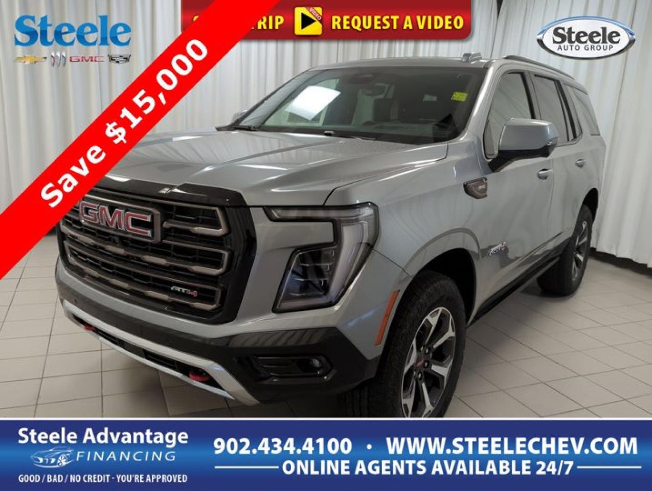 Our Diesel driven 2025 GMC Yukon AT4 Ultimate 4WD is large, luxurious, and ready for bold family adventures in Sterling Metallic! Powered by a TurboCharged 3.0 Litre Duramax Diesel 6 Cylinder serving up 305hp and 495lb-ft of torque to a 10 Speed Automatic transmission. An adaptive air suspension and active response 4WD enhance your capability even further, and this Four Wheel Drive SUV sees approximately 13.1L/100km on the highway. A mighty grille sets the tone for Yukon style with a panoramic roof, LED lighting, a hands-free liftgate, power assist steps, an off-road front bumper, 20-inch wheels, a front skid plate, and roof rails. Inside, our AT4 Ultimate cabin rewards you with top-shelf amenities for trail or town, including heated/ventilated massaging leather power front seats, heated second-row captains chair, a power-fold third row, a heated-leather power steering wheel, a power-sliding center console, and tri-zone automatic climate control. Digitally dominate your days with a 16.8-inch central LCD, an 11-inch driver display, WiFi compatibility, Google Built-in, a rear-seat media system, Bose audio, wireless charging, wireless smartphone connectivity, and more. GMCs Super Cruise compatibility offers hands-on driving to help you relax on the road, knowing blind-spot steering assistance, auto braking, a head-up display, a digital rearview mirror, and other tech benefits also protect you. Our Yukon AT4 Ultimate can give your family the strength to do more! Save this Page and Call for Availability. We Know You Will Enjoy Your Test Drive Towards Ownership! Metros Premier Credit Specialist Team Good/Bad/New Credit? Divorce? Self-Employed?