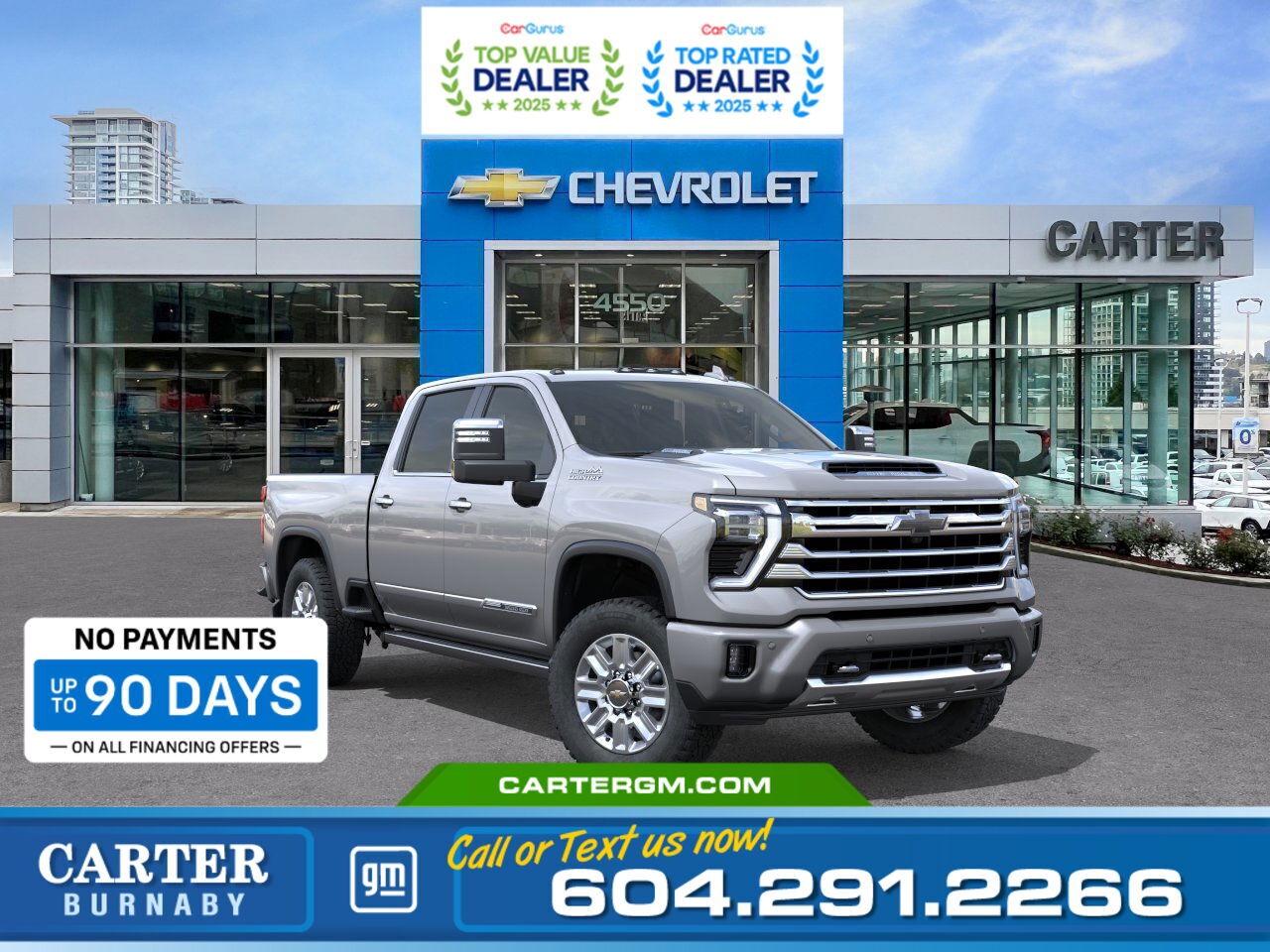 Purchase your new vehicle today and enjoy NO PAYMENTS FOR UP TO 90 DAYS. Upgrade with confidence, without stretching your budget!  Command every job and journey in this 2025 Chevrolet Silverado 3500 High Country 4WD, the perfect blend of luxury, technology, and heavy-duty capability. Powered by the Duramax 6.6L V8 Turbo Diesel, its built for unmatched towing performance with the In-Vehicle Trailering App, Hitch Guidance, and Trailer Blind Side Zone Alert. The High Country Premium Package adds upscale comfort, featuring heated second-row seats, power-retractable assist steps, and a 12.3" digital display. Safety and control come standard with Front and Rear Park Assist, Lane Departure Warning, and more.  Come take it for a test drive today and experience all this stylish vehicle has to offer!  WHY CARTER GM BURNABY?  - An unrivalled vehicle purchasing experience! - Exceeding our loyal customers expectations since 1963 - 4.5 Google star rating with 2,000+ customer reviews - Vehicle trades welcome! Best price guaranteed! - We provide upfront pricing, zero hidden fees, and 100% transparency - Fast approvals and 99% acceptance rates (no matter your current credit status!) - Multilingual staff (many languages spoken) - Comfortable non-pressured environment with in-store television, WIFI and a childrens play area!  Were here to help you drive the vehicle you want, the vehicle you deserve! QUESTIONS? GREAT! WEVE GOT ANSWERS! To speak with a friendly vehicle specialist - CALL NOW! (Doc. Fee: $495.00 Dealer Code: D5505)