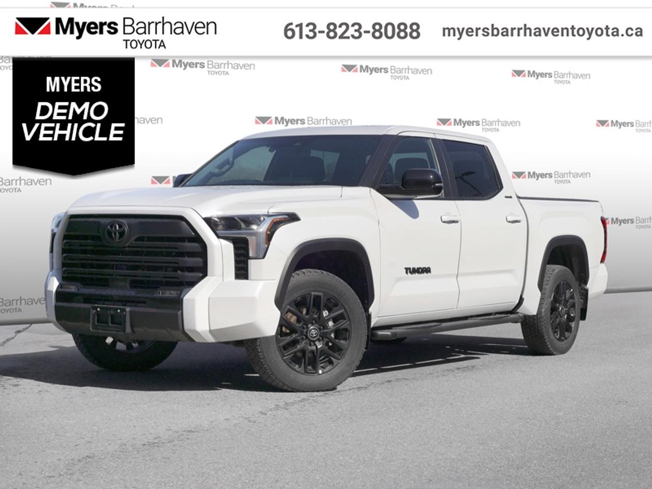 <b>Low Mileage, Leather Seats!</b><br> <br>  Compare at $76854 - Our Live Market Price is just $73898! <br> <br>The stylish and capable Toyota Tundra provides plenty of comfort and safety to you and your passengers. This 2026 Toyota Tundra is for sale today in Ottawa.<br> <br>This 2026 Toyota Tundra is proof that bold can be beautiful, and with an enormous towing capacity the Tundra keeps proving itself to be one of the best pickup trucks on the market. It offers dynamic performance in all of the right places and comes loaded with its innovative tech features, extraordinary driving performance with unheard of fuel economy. The Toyota Tundra perfectly blends functionality and practicality, with a spacious cabin that gives you and your crew enough room to stretch out with premium materials that creates a distinctively upscale feel.<br> <br>This low mileage Crew Cab 4X4 pickup has just 8,300 km. Its Wind Chill Pearl in colour. It has an Automatic transmission and is powered by a 389HP 3.4L V6 Cylinder Engine. <br> <br> Our Tundras trim level is Limited. Ventilated and heated front seats with power adjustment and lumbar support, with SofTex synthetic leather seating upholstery add to the upscale ambiance of this Tundra Limited, with unique alloy wheels and exterior styling accents. Other features include a heated steering wheel, class IV towing equipment with a brake controller, hitch and trailer sway control, trailer wiring harness, a full-size spare tire with underbody storage, adaptive cruise control, automatic air conditioning, and an upgraded 14-inch infotainment screen powered by Toyota Multimedia, with wireless Apple CarPlay and Android Auto, SiriusXM streaming radio, and Drive Connect with cloud navigation and Destination Assist. Safety features include blind spot detection, intuitive parking assist with auto braking, lane keeping assist, lane departure warning, forward collision mitigation with a pre-collision system, driver monitoring alert, and a rear camera. Additional features include front and rear cupholders, proximity keyless entry with push button start, 60-40 folding split-bench rear seats, and so much more. This vehicle has been upgraded with the following features: Leather Seats.<br> <br>To apply right now for financing use this link: <a href=https://www.myersbarrhaventoyota.ca/quick-approval/ target=_blank>https://www.myersbarrhaventoyota.ca/quick-approval/</a><br> <br/>Buy this vehicle now for the lowest bi-weekly payment of <b>$513.97</b> with $0 down for 84 months @ 6.99% APR O.A.C. ( Plus applicable taxes - Plus applicable fees ). See dealer for details. <br><br>At Myers Barrhaven Toyota we pride ourselves in offering highly desirable pre-owned vehicles. We truly hand pick all our vehicles to offer only the best vehicles to our customers. No two used cars are alike, this is why we have our trained Toyota technicians highly scrutinize all our trade ins and purchases to ensure we can put the Myers seal of approval. Every year we evaluate 1000s of vehicles and only 10-15% meet the Myers Barrhaven Toyota standards. At the end of the day we have mutual interest in selling only the best as we back all our pre-owned vehicles with the Myers *LIFETIME ENGINE TRANSMISSION warranty. Thats right *LIFETIME ENGINE TRANSMISSION warranty, were in this together! If we dont have what youre looking for not to worry, our experienced buyer can help you find the car of your dreams! Ever heard of getting top dollar for your trade but not really sure if you were? Here we leave nothing to chance, every trade-in we appraise goes up onto a live online auction and we get buyers coast to coast and in the USA trying to bid for your trade. This means we simultaneously expose your car to 1000s of buyers to get you top trade in value. <br>We service all makes and models in our new state of the art facility where you can enjoy the convenience of our on-site restaurant, shuttle van, free Wi-Fi, Enterprise Rent-A-Car, on-site tire storage, and complimentary drinks. Come see why many Toyota owners are making the switch to Myers Barrhaven Toyota. <br>*LIFETIME ENGINE TRANSMISSION WARRANTY NOT AVAILABLE FOR VEHICLES WITH KMS EXCEEDING 140,000KM, VEHICLES 8 YEARS & OLDER, HIGHLINE BRAND VEHICLES (e.g., BMW, INFINITI, CADILLAC, LEXUS), AND QUEBEC RESIDENTS.<br> Come by and check out our fleet of 80+ used cars and trucks and 20+ new cars and trucks for sale in Ottawa.  o~o