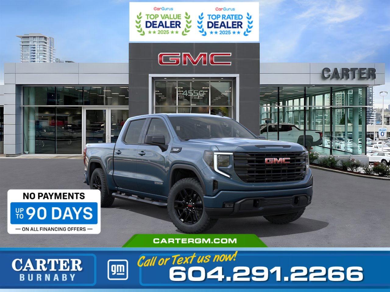 Purchase your new vehicle today and enjoy NO PAYMENTS FOR UP TO 90 DAYS. Upgrade with confidence, without stretching your budget!  The 2026 GMC Sierra 1500 Elevation combines rugged capability with advanced technology, thanks to a 5.3L EcoTec3 V8 engine and a heavy-duty Trailering Package that offers a towing capacity of up to 5,000 lbs, along with Hitch Guidance and Hitch View.. Enjoy a smooth ride with the High Capacity Suspension Package and convenient features like a manual EZ Lift tailgate with power lock and release. Inside, the 13.4" touchscreen, 12.3" digital Driver Information Centre, and 15" Head-Up Display keep you connected and informed. Wireless charging and dual-zone climate control add comfort.  Come take it for a test drive today and experience all this stylish vehicle has to offer!  WHY CARTER GM BURNABY?  - An unrivalled vehicle purchasing experience! - Exceeding our loyal customers expectations since 1963 - 4.5 Google star rating with 2,175+ customer reviews) - CarGurus Top-Rated Dealer 2025 Award - CarGurus Top Value Dealer 2025 Award - Vehicle trades welcome! Best price guaranteed! - We provide upfront pricing, zero hidden fees, and 100% transparency - Fast approvals and 99% acceptance rates (no matter your current credit status!) - Multilingual staff (many languages spoken) - Comfortable non-pressured environment with in-store television, WIFI and a childrens play area! - In-store restaurant: fresh daily menu  Were here to help you drive the vehicle you want, the vehicle you deserve! QUESTIONS? GREAT! WEVE GOT ANSWERS! To speak with a friendly vehicle specialist - CALL NOW! (Doc. Fee: $495.00 Dealer Code: D5505)