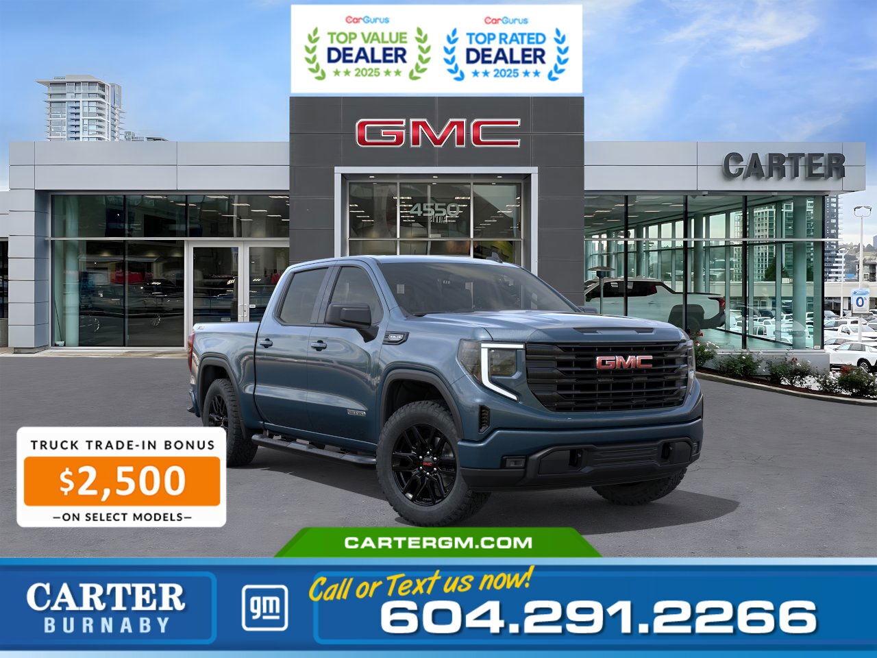 Upgrade to a new vehicle with confidence and enjoy NO PAYMENTS FOR UP TO 90 DAYS. Plus, experience added flexibility while taking advantage of a $5,000 Non-Stackable Cash Delivery Allowance. And eligible customers qualifying for an additional $2,500 Trade-in Bonus. Speak with our team today to learn more!  The 2026 GMC Sierra 1500 Elevation combines rugged capability with advanced technology, thanks to a 5.3L EcoTec3 V8 engine and a heavy-duty Trailering Package that offers a towing capacity of up to 5,000 lbs, along with Hitch Guidance and Hitch View.. Enjoy a smooth ride with the High Capacity Suspension Package and convenient features like a manual EZ Lift tailgate with power lock and release. Inside, the 13.4" touchscreen, 12.3" digital Driver Information Centre, and 15" Head-Up Display keep you connected and informed. Wireless charging and dual-zone climate control add comfort.  Come take it for a test drive today and experience all this stylish vehicle has to offer!  WHY CARTER GM BURNABY?  - An unrivalled vehicle purchasing experience! - Exceeding our loyal customers expectations since 1963 - 4.5 Google star rating with 2,300+ customer reviews) - CarGurus Top-Rated Dealer 2025 Award - CarGurus Top Value Dealer 2025 Award - Vehicle trades welcome! Best price guaranteed! - We provide upfront pricing, zero hidden fees, and 100% transparency - Fast approvals and 99% acceptance rates (no matter your current credit status!) - Multilingual staff (many languages spoken) - Comfortable non-pressured environment with in-store television, WIFI and a childrens play area! - In-store restaurant: fresh daily menu        Were here to help you drive the vehicle you want, the vehicle you deserve! QUESTIONS? GREAT! WEVE GOT ANSWERS! To speak with a friendly vehicle specialist - CALL NOW! The advertised price includes all standard dealer fees and any applicable manufacturer or dealer incentives. It does not include applicable taxes, licensing, insurance, or optional products or services. Dealer fees will be clearly broken out and itemized on the bill of sale, maximum total of fees $595.00. Prices are shown in Canadian dollars. While we make every effort to ensure accuracy, vehicle details, pricing, options, and availability are subject to change without notice. Please confirm all information with dealership sales management before purchase. Dealer Code: 81129