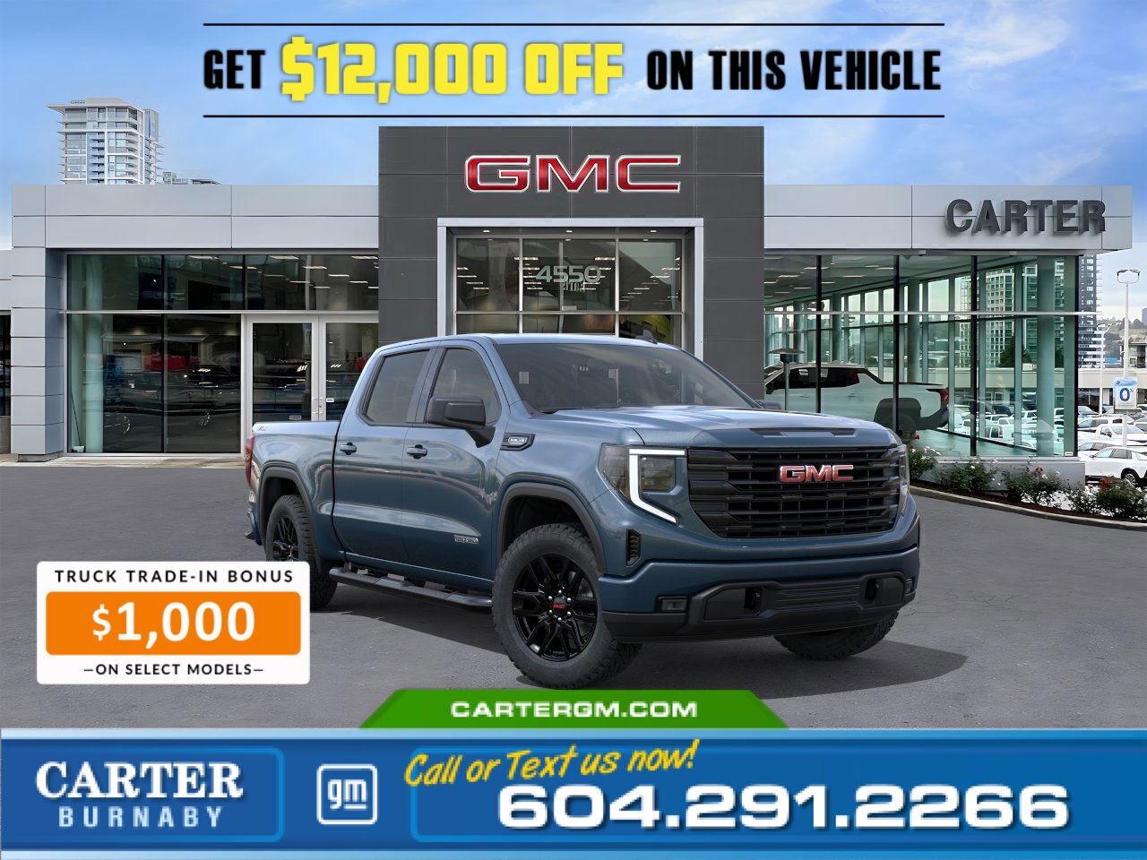 Receive a $1,000 Truck Trade-In Bonus when you trade a 2015 or newer pickup truck. Upgrade your drive with strength, towing power, and proven performance... before this limited-time event ends!  The 2026 GMC Sierra 1500 Elevation combines rugged capability with advanced technology, thanks to a 5.3L EcoTec3 V8 engine and a heavy-duty Trailering Package that offers a towing capacity of up to 5,000 lbs, along with Hitch Guidance and Hitch View.. Enjoy a smooth ride with the High Capacity Suspension Package and convenient features like a manual EZ Lift tailgate with power lock and release. Inside, the 13.4" touchscreen, 12.3" digital Driver Information Centre, and 15" Head-Up Display keep you connected and informed. Wireless charging and dual-zone climate control add comfort.  Come take it for a test drive today and experience all this stylish vehicle has to offer!  WHY CARTER GM BURNABY?  - An unrivalled vehicle purchasing experience! - Exceeding our loyal customers expectations since 1963 - 4.5 Google star rating with 2,300+ customer reviews) - CarGurus Top-Rated Dealer 2025 Award - CarGurus Top Value Dealer 2025 Award - Vehicle trades welcome! Best price guaranteed! - We provide upfront pricing, zero hidden fees, and 100% transparency - Fast approvals and 99% acceptance rates (no matter your current credit status!) - Multilingual staff (many languages spoken) - Comfortable non-pressured environment with in-store television, WIFI and a childrens play area! - In-store restaurant: fresh daily menu        Were here to help you drive the vehicle you want, the vehicle you deserve! QUESTIONS? GREAT! WEVE GOT ANSWERS! To speak with a friendly vehicle specialist - CALL NOW! The advertised price includes all standard dealer fees and any applicable manufacturer or dealer incentives. It does not include applicable taxes, licensing, insurance, or optional products or services. Dealer fees will be clearly broken out and itemized on the bill of sale, maximum total of fees $595.00. Prices are shown in Canadian dollars. While we make every effort to ensure accuracy, vehicle details, pricing, options, and availability are subject to change without notice. Please confirm all information with dealership sales management before purchase. Dealer Code: 81129