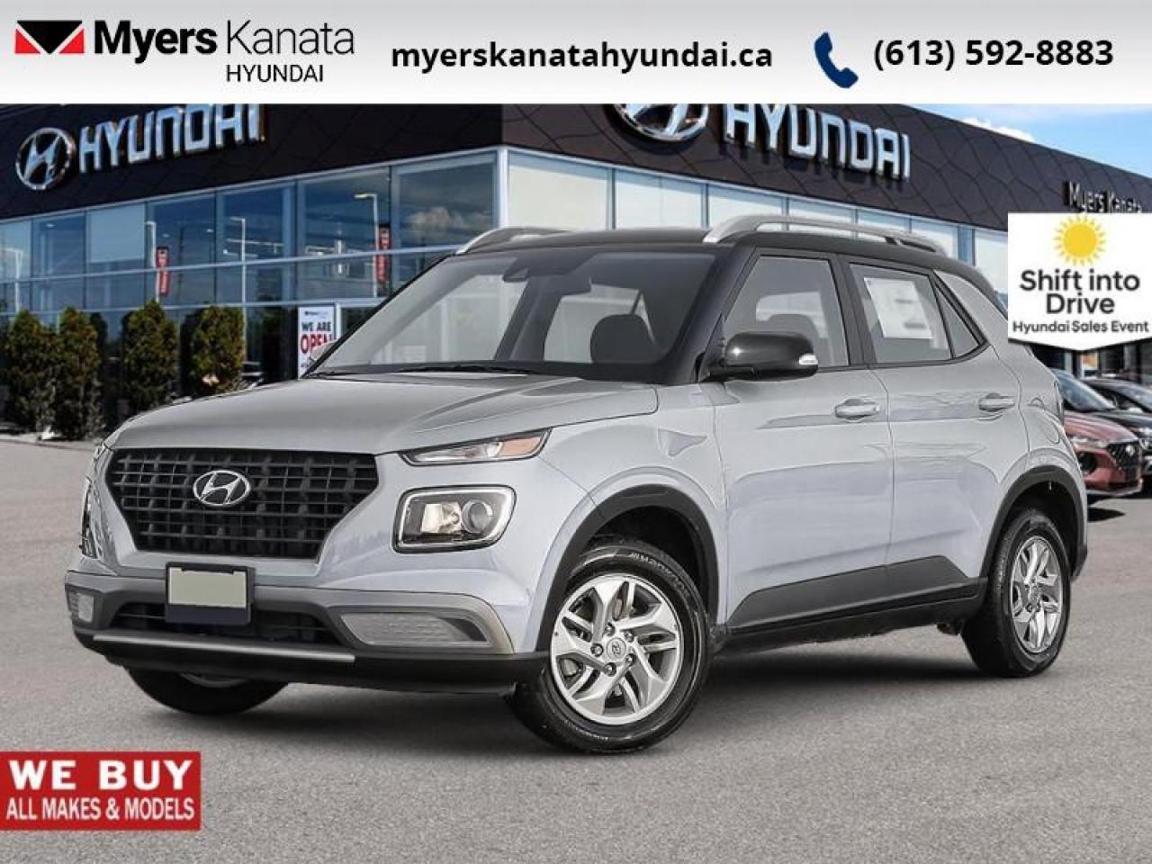 <b>Heated Seats,  Heated Steering Wheel,  Apple CarPlay,  Android Auto,  Remote Start!</b><br> <br> <br> <br>  With amazing cargo space paired to an amazing performer like this 2025 Hyundai Venue, you can get it all done. <br> <br>With an amazing, urban sized footprint, plus a massive amount of cargo space, this 2025 Venue can do it all. Whether you need a grocery getter, kid hauler, or an errand runner, this 2025 Venue is ready to turn everything into an adventure. This modern Venue has a bold yet sophisticated SUV profile that radiates road presence and allows you to express your unique sense of style. <br> <br> This shimmering silv SUV  has an automatic transmission.<br> <br> Our Venues trim level is Preferred IVT. This Venue Preferred steps it up with blind spot detection, remote engine start, roof rack rails, and a heated steering wheel, along with heated front seats, 60-40 folding rear seats, remote keyless entry, power heated side mirrors, automatic high beams, front and rear cupholders, and an 8-inch touchscreen with wireless Apple CarPlay and Android Auto. Safety features include lane keeping assist, lane departure warning, forward collision avoidance, driver monitoring alert, and a rear view camera. This vehicle has been upgraded with the following features: Heated Seats,  Heated Steering Wheel,  Apple Carplay,  Android Auto,  Remote Start,  Blind Spot Detection,  Lane Keep Assist. <br><br> <br>To apply right now for financing use this link : <a href=https://www.myerskanatahyundai.com/finance/ target=_blank>https://www.myerskanatahyundai.com/finance/</a><br><br> <br/>    This vehicle may qualify for $500 Military Program Bonus. Eligible customers may qualify for the Hyundai 0.50% Loyalty Finance Rate Reduction - certain restrictions may apply. 6.29% financing for 96 months. <br> Buy this vehicle now for the lowest weekly payment of <b>$96.10</b> with $0 down for 96 months @ 6.29% APR O.A.C. ( Plus applicable taxes -  $2596 and licensing fees    ).  Incentives expire 2025-09-02.  See dealer for details. <br> <br>This vehicle is located at Myers Kanata Hyundai 400-2500 Palladium Dr Kanata, Ontario. <br><br> Come by and check out our fleet of 30+ used cars and trucks and 70+ new cars and trucks for sale in Kanata.  o~o