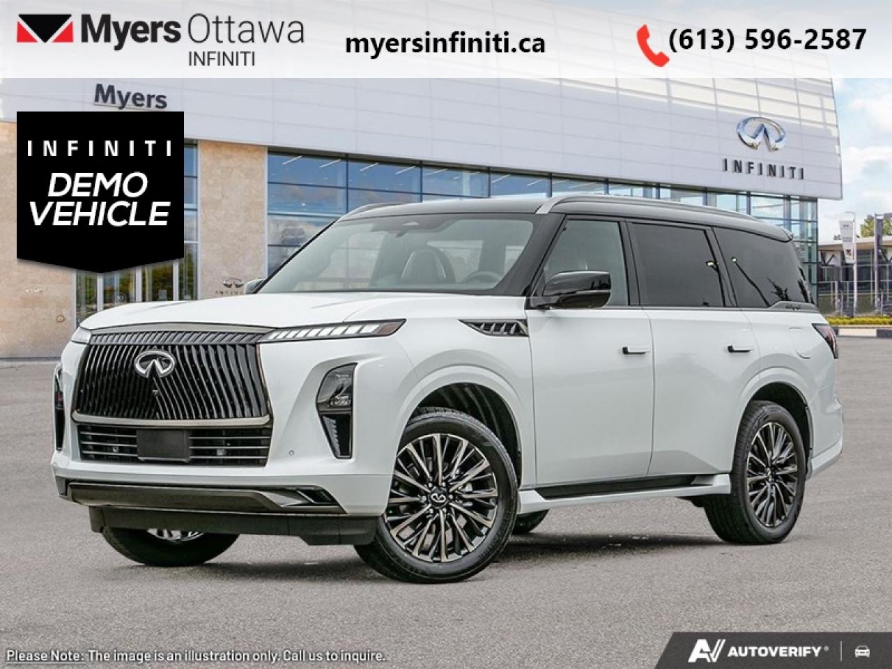 <b>Low Mileage!</b><br> <br>  Compare at $137735 - Our Price is just $133723! <br> <br>   The 2026 INFINITI QX80 delivers full-size luxury presence, commanding design and versatile comfort for modern families. The 2026 INFINITI QX80 stands out with its bold exterior lines, expressive lighting and upscale character that elevate every arrival. The 2026 INFINITI QX80 features advanced driver-assist systems and intuitive connectivity engineered to support your journey with confidence. The 2026 INFINITI QX80 adapts seamlessly from daily routines to grand road trips thanks to its spacious seating and refined build. The 2026 INFINITI QX80 blends premium craftsmanship, thoughtful innovation and decisive style into one compelling luxury SUV package. This  2026 INFINITI QX80 is for sale today in Ottawa. <br> <br>From the outside, the 2026 QX80 presents a commanding silhouette with strong proportions, refined surface detailing and striking lighting that reflect its luxury-SUV identity. Inside, the cabin offers premium materials, sophisticated technology and generous three-row seating crafted to support both driver and passengers in refined comfort. With its smart architecture, upscale features and INFINITIs dedication to crafting memorable experiences, the QX80 delivers a driving experience that is both impressive and versatile.This low mileage  SUV has just 50 kms. Its  blk obsidian/ra in colour  . It has an automatic transmission and is powered by a  450HP 3.5L V6 Cylinder Engine. <br> <br> Our QX80s trim level is AUTOGRAPH. <br> <br>To apply right now for financing use this link : <a href=https://www.myersinfiniti.ca/finance/ target=_blank>https://www.myersinfiniti.ca/finance/</a><br><br> <br/><br>*LIFETIME ENGINE TRANSMISSION WARRANTY NOT AVAILABLE ON VEHICLES WITH KMS EXCEEDING 140,000KM, VEHICLES 8 YEARS & OLDER, OR HIGHLINE BRAND VEHICLE(eg. BMW, INFINITI. CADILLAC, LEXUS...)<br> Come by and check out our fleet of 60+ used cars and trucks and 100+ new cars and trucks for sale in Ottawa.  o~o