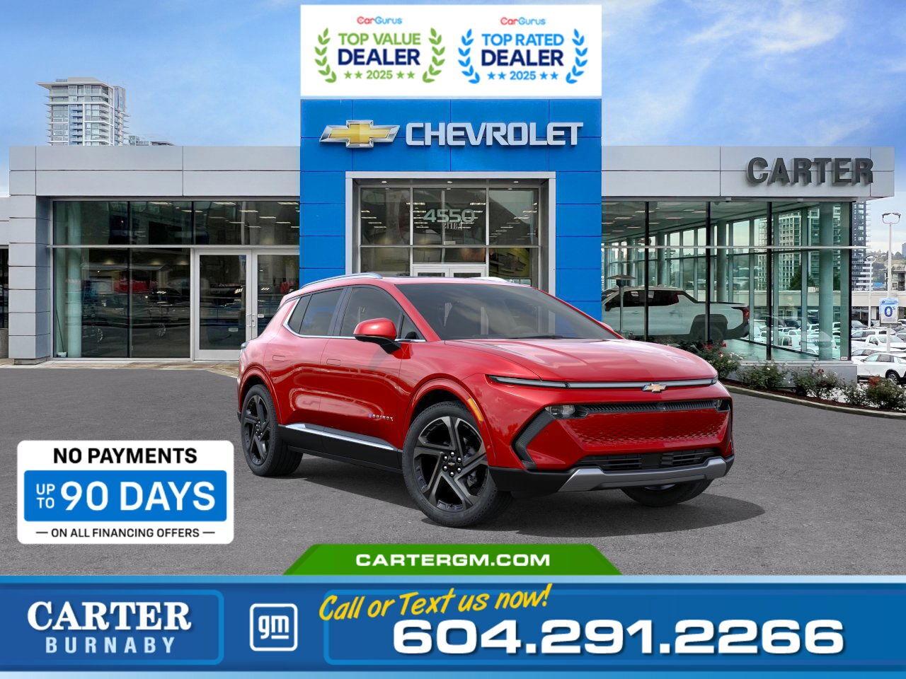 Purchase your new vehicle today and enjoy NO PAYMENTS FOR UP TO 90 DAYS. Upgrade with confidence, without stretching your budget!  WHY CARTER GM BURNABY?  - An unrivalled vehicle purchasing experience! - Exceeding our loyal customers expectations since 1963 - 4.5 Google star rating with 2,000+ customer reviews - Vehicle trades welcome! Best price guaranteed! - We provide upfront pricing, zero hidden fees, and 100% transparency - Fast approvals and 99% acceptance rates (no matter your current credit status!) - Multilingual staff (many languages spoken) - Comfortable non-pressured environment with in-store television, WIFI and a childrens play area!  Were here to help you drive the vehicle you want, the vehicle you deserve! QUESTIONS? GREAT! WEVE GOT ANSWERS! To speak with a friendly vehicle specialist - CALL NOW! (Doc. Fee: $495.00 Dealer Code: D5505)