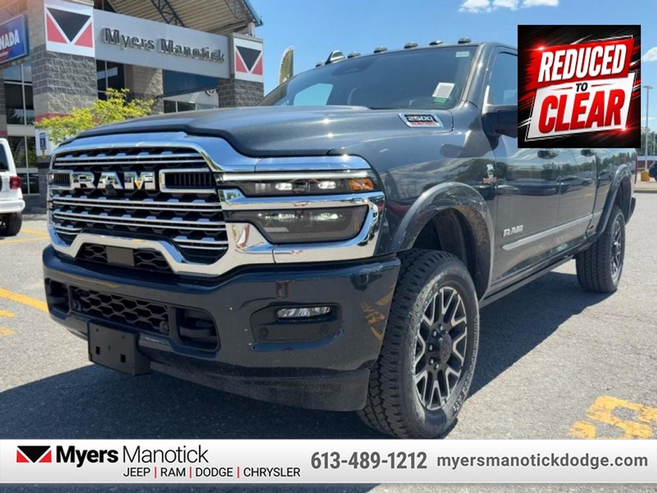 <b>Diesel Engine, Limited Level 1 Equipment Group, Sunroof, Clearance Lamps!</b><br> <br> <br> <br>Call 613-489-1212 to speak to our friendly sales staff today, or come by the dealership!<br> <br>This Ram 2500 is class-leader in the heavy-duty truck segment thanks to its refined interior, forgiving ride, and tremendous towing and hauling capabilities. <br> <br>Endlessly capable, this 2025 Ram 2500HD pulls out all the stops, and has the towing capacity that sets it apart from the competition. On top of its proven Ram toughness, this Ram 2500HD has an ultra-quiet cabin full of amazing tech features that help make your workday more enjoyable. Whether youre in the commercial sector or looking for serious recreational towing rig, this impressive 2500HD is ready for anything that you are.<br> <br>This Forged Blue Metallic sought after diesel Crew Cab 4X4 pickup has an Automatic transmission and is powered by a Cummins 430HP 6.7L Straight 6 Cylinder Engine. <br> <br> Our 2500s trim level is Limited. This trim rewards you with a 17-speaker harman/kardon audio system, wireless charging for mobile devices, ventilated and heated front seats with lumbar support, heated rear seats, a heated steering wheel and remote engine start. Also standard include class V tow equipment with a hitch, brake controller and trailer sway control, heated power-adjustable and power-extendable trailer style mirrors, heavy duty suspension, 4G LTE mobile hotspot internet access, adaptive cruise control, and an upgraded 14.4-inch infotainment screen powered by Uconnect 5, with inbuilt navigation, Apple CarPlay and Android Auto. Safety features also include blind spot and cross path detection, ParkSense front and rear parking sensors, forward collision warning and front collision mitigation. This vehicle has been upgraded with the following features: Diesel Engine, Limited Level 1 Equipment Group, Sunroof, Clearance Lamps.<br><br> View the original window sticker for this vehicle with this url <b><a href=http://www.chrysler.com/hostd/windowsticker/getWindowStickerPdf.do?vin=3C6UR5SL8SG574377 target=_blank>http://www.chrysler.com/hostd/windowsticker/getWindowStickerPdf.do?vin=3C6UR5SL8SG574377</a></b>.<br> <br>To apply right now for financing use this link: <a href=https://CreditOnline.dealertrack.ca/Web/Default.aspx?Token=3206df1a-492e-4453-9f18-918b5245c510&Lang=en target=_blank>https://CreditOnline.dealertrack.ca/Web/Default.aspx?Token=3206df1a-492e-4453-9f18-918b5245c510&Lang=en</a><br><br> <br/> Weve discounted this vehicle $13449. Total  rebate of $7000 is reflected in the price.  <br> Buy this vehicle now for the lowest weekly payment of <b>$309.73</b> with $0 down for 96 months @ 4.99% APR O.A.C. ( Plus applicable taxes -  $1199  fees included in price **Rebates may not be applicable on all purchase types [cash, lease, or finance]. Eligibility and conditions may vary. Please see dealer for full details and confirmation of eligibility.    ).  Incentives expire 2026-04-30.  See dealer for details. <br> <br>If youre looking for a Dodge, Ram, Jeep, and Chrysler dealership in Ottawa that always goes above and beyond for you, visit Myers Manotick Dodge today! Were more than just great cars. We provide the kind of world-class Dodge service experience near Kanata that will make you a Myers customer for life. And with fabulous perks like extended service hours, our 30-day tire price guarantee, the Myers No Charge Engine/Transmission for Life program, and complimentary shuttle service, its no wonder were a top choice for drivers everywhere. Get more with Myers!<br> Come by and check out our fleet of 30+ used cars and trucks and 60+ new cars and trucks for sale in Manotick.  o~o