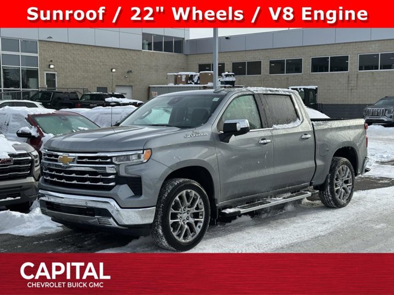 This Chevrolet Silverado 1500 delivers a Gas V8 5.3L/325 engine powering this Automatic transmission. TAILGATE, MULTI-FLEX with six functional load/access features, NOTE: Auto release can be disabled if ball hitch is installed. See Owners manual for details, SUNROOF, POWER on Crew Cab models, REAR AXLE, 3.23 RATIO.* This Chevrolet Silverado 1500 Features the Following Options *LTZ PREFERRED EQUIPMENT GROUP includes standard equipment, GVWR, 7100 LBS. (3221 KG) (STD), ENGINE, 5.3L ECOTEC3 V8 (355 hp [265 kW] @ 5600 rpm, 383 lb-ft of torque [518 Nm] @ 4100 rpm); featuring available Dynamic Fuel Management that enables the engine to operate in 17 different patterns between 2 and 8 cylinders, depending on demand, to optimize power delivery and efficiency (STD), ENGINE BLOCK HEATER, CHEVYTEC SPRAY-ON BEDLINER, BLACK (does not include spray-on liner on tailgate due to Black composite inner panel), Wireless Phone Projection for Apple CarPlay and Android Auto, Wireless charging (Not compatible with all phones. Compliant batteries include QI and PMA technologies. Reference Mobile devices manual to confirm what type of battery it uses.), Wipers, front rain-sensing, Windows, power rear, express down, Window, power front, passenger express up/down.* Visit Us Today *Come in for a quick visit at Capital Chevrolet Buick GMC Inc., 13103 Lake Fraser Drive SE, Calgary, AB T2J 3H5 to claim your Chevrolet Silverado 1500!