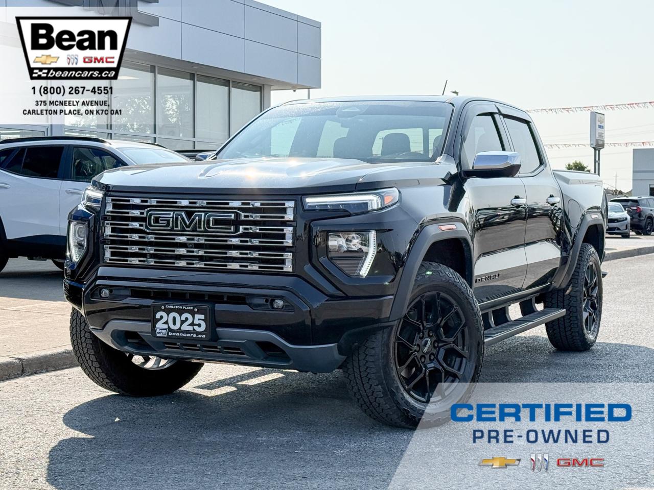Used 2025 GMC Canyon Denali ONE OWNER, CLEAN CARFAX, 2.7L 4CYL TURBO, DENALI BLACK EDITION, HEATED & VENTILATED FRONT LEATHER SEATS, HEATED STEERING WHEEL, POWER SUNROOF, SAFETY PACKAGE, BLACK BADGES, UNDERBODY CAMERAS for sale in Carleton Place, ON