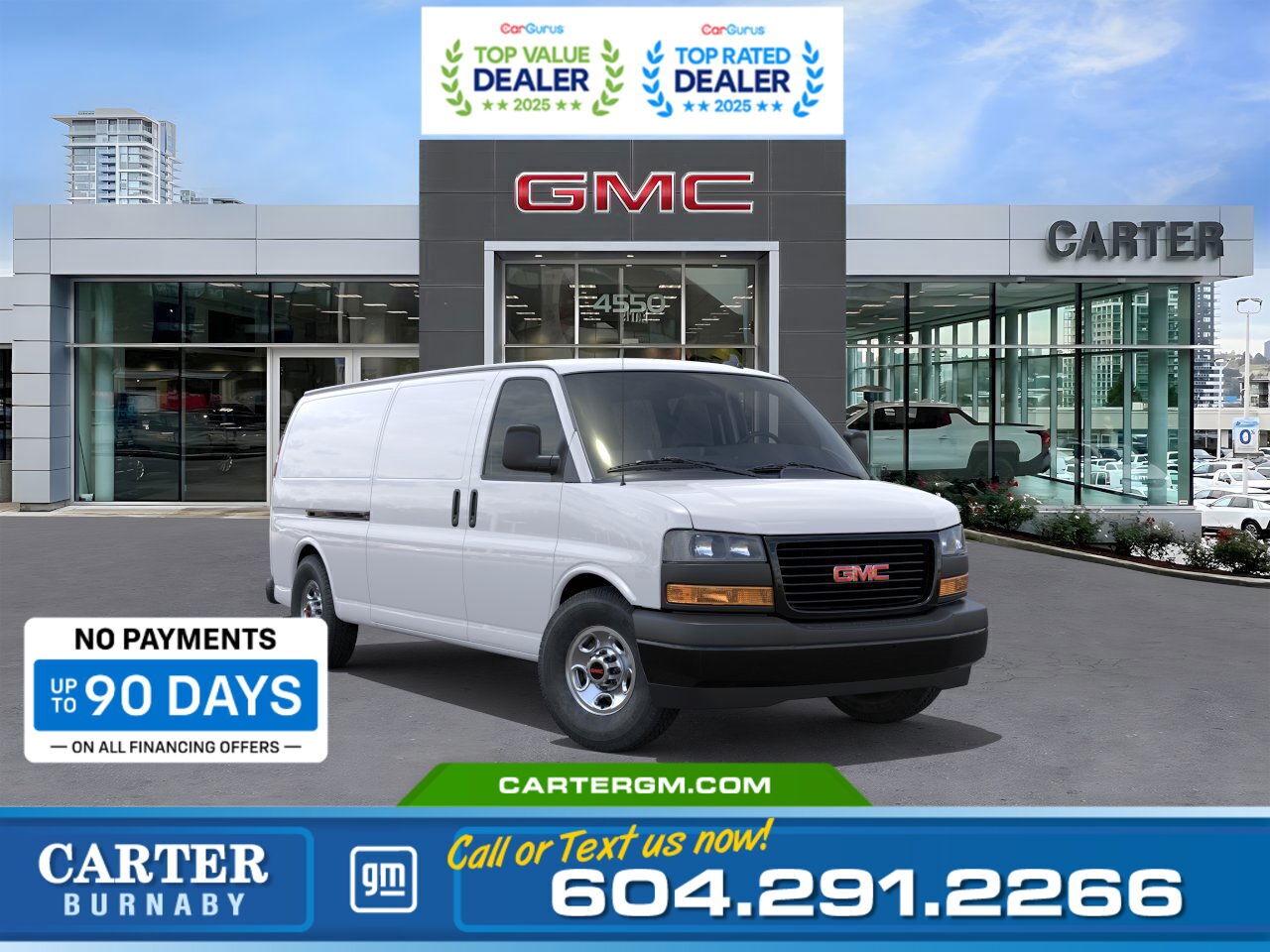Work-Ready. Trade-Tough. The 2025 GMC Savana Cargo Van isnt just transportation its your mobile jobsite. Whether youre hauling heavy loads, moving your crew, or outfitting it for a specialized trade, Savana is ready to put in the hours.  - Remote keyless entry - Engine, 6.6L V8 with Direct Injection - Cold Climate Package includes (K05) engine block heater - Heavy-duty 6000 cold-cranking amps - Rear air conditioning - Door, swing-out passenger-side, 60/40 split - Bumpers, front and rear painted Black with step-pad - Mirrors, outside heated power-adjustable - Theft-deterrent system, vehicle, PASS-Key III - Defogger, side windows - Cup holders, 3 on the engine console cover - Cargo tie-downs 6 D-ring attachments on cargo area floor - Hill Start Assist - StabiliTrak, traction assistance and vehicle stability enhancement system  With serious cargo space, endless upfit options, and rock-solid safety features, its built to tackle your toughest jobs while keeping your team  and your profits  protected.  WHY CARTER GM BURNABY?  - An unrivalled vehicle purchasing experience! - Exceeding our loyal customers expectations since 1963 - 4.5 Google star rating with 2,175+ customer reviews) - CarGurus Top-Rated Dealer 2025 Award - CarGurus Top Value Dealer 2025 Award - Vehicle trades welcome! Best price guaranteed! - We provide upfront pricing, zero hidden fees, and 100% transparency - Fast approvals and 99% acceptance rates (no matter your current credit status!) - Multilingual staff (many languages spoken) - Comfortable non-pressured environment with in-store television, WIFI and a childrens play area! - In-store restaurant: fresh daily menu        Were here to help you drive the vehicle you want, the vehicle you deserve! QUESTIONS? GREAT! WEVE GOT ANSWERS! To speak with a friendly vehicle specialist - CALL NOW! (Doc. Fee: $495.00 Dealer Code: D5505)