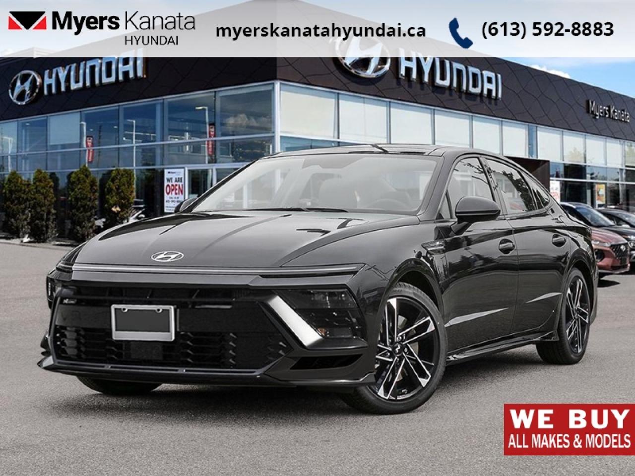 <b>Sunroof,  Bose Premium Audio,  Navigation,  Heated Seats,  Heated Steering Wheel!</b><br> <br> <br> <br>  From the sporty, ultramodern exterior to the tech-rich refinement inside, this 2026 Sonata continues to break new ground. <br> <br>This 2026 Sonata sets the sedan standard with a new, futuristic look, more premium features, and loads of tech upgrades both intelligent and intuitive. Head turning styling with incredibly balanced dynamics ensure that this sedan is a pleasure to both look at and to drive. A beautifully crafted interior with endless comfort make this 2026 Sonata the midsize sedan to beat.<br> <br> This Abyss Blk sedan  has an Automatic transmission and is powered by a  290HP 2.5L 4 Cylinder Engine.<br> <br> Our Sonatas trim level is N Line Ultimate. The cabin focuses on comfort and technology with heated front bucket seats, an 8-way power drivers seat with lumbar support and bolsters, leather/suede seating with red accents, dual-zone climate control, a heated leather steering wheel, metal-look trim, and a leatherette-upholstered dashboard, while the sliding and tilting glass sunroof for both rows is integrated early in the experience. A 12.3-inch Bose audio and navigation system adds wireless Android Auto and Apple CarPlay, SiriusXM, BlueLink services, real-time traffic, Bluetooth connectivity, smart trunk access, proximity key with push-button start, remote start functions, and a digital driver information centre. Safety technologies include Smart Cruise Control with Stop & Go, Lane Follow Assist, Lane Keep Assist with departure warning, Blind-Spot Collision Warning, Rear Cross-Traffic Collision-Avoidance Assist, Forward Collision-Avoidance Assist with pedestrian, cyclist, and junction detection, surround-view camera coverage, a driver monitoring system, a tire pressure monitoring system, and an extensive airbag suite including driver knee and rear side-impact units. This vehicle has been upgraded with the following features: Sunroof,  Bose Premium Audio,  Navigation,  Heated Seats,  Heated Steering Wheel,  Smart Cruise Control,  Remote Start. <br><br> <br>To apply right now for financing use this link: <a href=https://www.myerskanatahyundai.com/finance/ target=_blank>https://www.myerskanatahyundai.com/finance/</a><br><br> <br/>    This vehicle may qualify for $500 Military Program Bonus. Eligible customers may qualify for the Hyundai 0.50% Loyalty Finance Rate Reduction - certain restrictions may apply. 6.59% financing for 96 months. <br> Buy this vehicle now for the lowest weekly payment of <b>$149.87</b> with $0 down for 96 months @ 6.59% APR O.A.C. ( Plus applicable taxes -  $2596 and licensing fees **Rebates may not be applicable on all purchase types [cash, lease, or finance]. Eligibility and conditions may vary. Please see dealer for full details and confirmation of eligibility.    ).  Incentives expire 2026-02-02.  See dealer for details. <br> <br>This vehicle is located at Myers Kanata Hyundai 400-2500 Palladium Dr Kanata, Ontario. <br><br> Come by and check out our fleet of 40+ used cars and trucks and 190+ new cars and trucks for sale in Kanata.  o~o