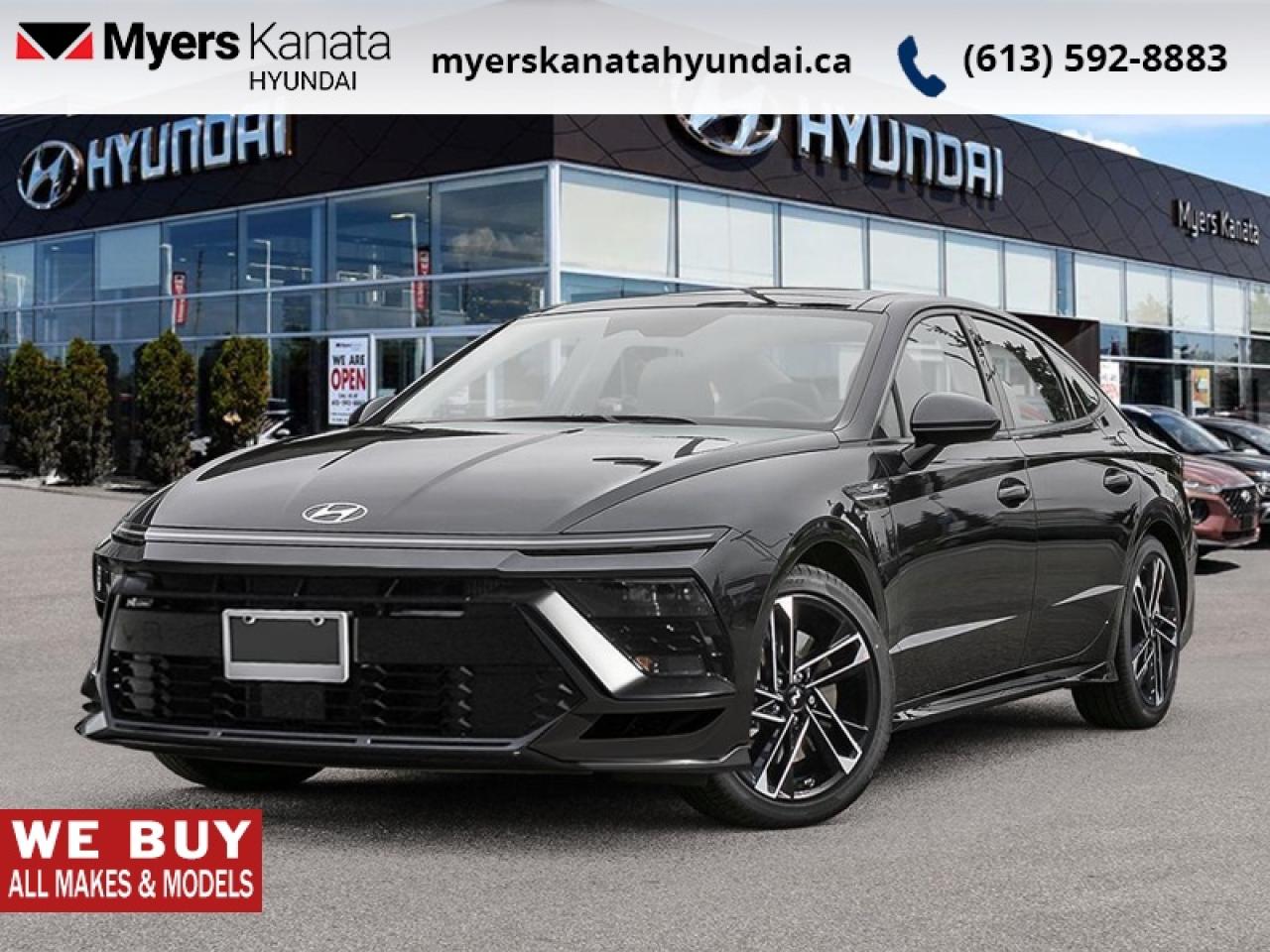 <b>Sunroof,  Bose Premium Audio,  Navigation,  Heated Seats,  Heated Steering Wheel!</b><br> <br> <br> <br>  From the sporty, ultramodern exterior to the tech-rich refinement inside, this 2026 Sonata continues to break new ground. <br> <br>This 2026 Sonata sets the sedan standard with a new, futuristic look, more premium features, and loads of tech upgrades both intelligent and intuitive. Head turning styling with incredibly balanced dynamics ensure that this sedan is a pleasure to both look at and to drive. A beautifully crafted interior with endless comfort make this 2026 Sonata the midsize sedan to beat.<br> <br> This Abyss Blk sedan  has an Automatic transmission and is powered by a  290HP 2.5L 4 Cylinder Engine.<br> <br> Our Sonatas trim level is N Line Ultimate. The cabin focuses on comfort and technology with heated front bucket seats, an 8-way power drivers seat with lumbar support and bolsters, leather/suede seating with red accents, dual-zone climate control, a heated leather steering wheel, metal-look trim, and a leatherette-upholstered dashboard, while the sliding and tilting glass sunroof for both rows is integrated early in the experience. A 12.3-inch Bose audio and navigation system adds wireless Android Auto and Apple CarPlay, SiriusXM, BlueLink services, real-time traffic, Bluetooth connectivity, smart trunk access, proximity key with push-button start, remote start functions, and a digital driver information centre. Safety technologies include Smart Cruise Control with Stop & Go, Lane Follow Assist, Lane Keep Assist with departure warning, Blind-Spot Collision Warning, Rear Cross-Traffic Collision-Avoidance Assist, Forward Collision-Avoidance Assist with pedestrian, cyclist, and junction detection, surround-view camera coverage, a driver monitoring system, a tire pressure monitoring system, and an extensive airbag suite including driver knee and rear side-impact units. This vehicle has been upgraded with the following features: Sunroof,  Bose Premium Audio,  Navigation,  Heated Seats,  Heated Steering Wheel,  Smart Cruise Control,  Remote Start. <br><br> <br>To apply right now for financing use this link: <a href=https://www.myerskanatahyundai.com/finance/ target=_blank>https://www.myerskanatahyundai.com/finance/</a><br><br> <br/>    This vehicle may qualify for $500 Military Program Bonus. Eligible customers may qualify for the Hyundai 0.50% Loyalty Finance Rate Reduction - certain restrictions may apply. 6.59% financing for 96 months. <br> Buy this vehicle now for the lowest weekly payment of <b>$149.87</b> with $0 down for 96 months @ 6.59% APR O.A.C. ( Plus applicable taxes -  $2596 and licensing fees **Rebates may not be applicable on all purchase types [cash, lease, or finance]. Eligibility and conditions may vary. Please see dealer for full details and confirmation of eligibility.    ).  Incentives expire 2026-02-02.  See dealer for details. <br> <br>This vehicle is located at Myers Kanata Hyundai 400-2500 Palladium Dr Kanata, Ontario. <br><br> Come by and check out our fleet of 40+ used cars and trucks and 190+ new cars and trucks for sale in Kanata.  o~o