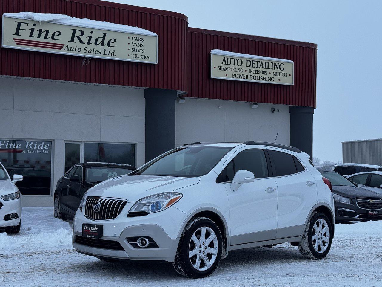 <p>2016 Buick Encore Premium AWD</p><p>1.4LTR turbo<br>A/C<br>Telescopic tilt steering<br>Cruise<br>Power windows<br>Power locks<br>Power mirrors<br>Power seats<br>Heated front seats<br>Heated steering wheel<br>5 passengers<br>AM/FM radio<br>MY LINK / Bluetooth<br>NAV<br>177,000kms<br>Factory remote starter<br>Back up camera<br>Front & rear bumper sensors<br>18 chrome wheels<br>Fog lights<br>Sunroof<br>Original Manitoba SUV!<br>Economical transportation!</p><p>$12,975 Safetied<br>Financing and Warranty Available at Fine Ride Auto Sales Ltd<br>www.FineRideAutoSales.ca</p><p>Call: 204-415-3300 or 1-855-854-3300<br>Text: 204-226-1790<br>View in person at: Unit 3-3000 Main Street</p><p>DLR# 4614<br>**Plus applicable taxes**</p><p></p><p style=text-align:center;><span style=color:#000000;><span style=font-family:book antiqua, palatino, serif;font-size:14pt;>Monday                9am to 6pm</span></span><br><span style=color:#000000;><span style=font-family:book antiqua, palatino, serif;font-size:14pt;>Tuesday               9am to 6pm</span></span><br><span style=color:#000000;><span style=font-family:book antiqua, palatino, serif;font-size:14pt;>Wednesday               9am to 6pm</span></span><br><span style=color:#000000;><span style=font-family:book antiqua, palatino, serif;font-size:14pt;>Thursday                9am to 6pm</span></span><br><span style=color:#000000;><span style=font-family:book antiqua, palatino, serif;font-size:14pt;>Friday                9am to 5pm</span></span><br><span style=color:#000000;><span style=font-family:book antiqua, palatino, serif;font-size:14pt;>Saturday                             10am to 2pm</span></span><br><span style=color:#000000;><span style=font-family:book antiqua, palatino, serif;font-size:14pt;>Sunday                    CLOSED</span></span></p>