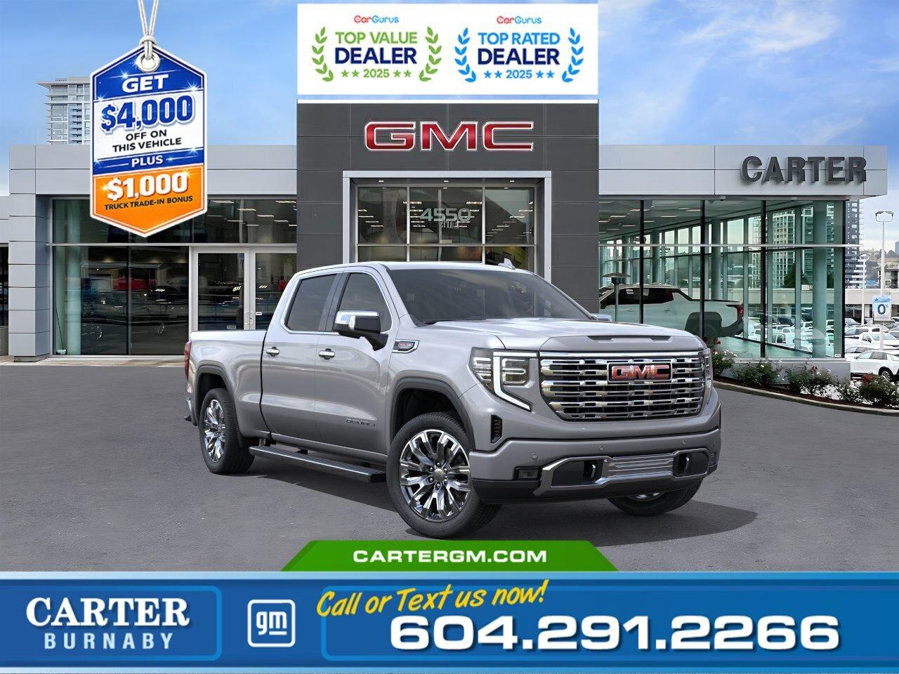 Luxury, power, and intelligence define the 2026 GMC Sierra 1500 Denali Crew 4WD. With a 5.3L EcoTec3 V8 engine, 7,100-lb GVWR, and Denali Premium Suspension with Adaptive Ride Control, its built for strength and refinement. The Trailering Package, Hitch Guidance, Hitch View, Bed View Camera, and In-Vehicle Trailering App make towing seamless. Inside, enjoy 12-way power front seats, dual-zone climate control, wireless charging, and advanced displays with a 13.4" Premium touchscreen. Safety shines with Trailer Side Blind Zone Alert, Rear Cross Traffic Braking, and Park Assist.  Come take it for a test drive today and experience all this stylish vehicle has to offer!  WHY CARTER GM BURNABY?  - An unrivalled vehicle purchasing experience! - Exceeding our loyal customers expectations since 1963 - 4.5 Google star rating with 2,300+ customer reviews) - CarGurus Top-Rated Dealer 2025 Award - CarGurus Top Value Dealer 2025 Award - Vehicle trades welcome! Best price guaranteed! - We provide upfront pricing, zero hidden fees, and 100% transparency - Fast approvals and 99% acceptance rates (no matter your current credit status!) - Multilingual staff (many languages spoken) - Comfortable non-pressured environment with in-store television, WIFI and a childrens play area! - In-store restaurant: fresh daily menu        Were here to help you drive the vehicle you want, the vehicle you deserve! QUESTIONS? GREAT! WEVE GOT ANSWERS! To speak with a friendly vehicle specialist - CALL NOW! The advertised price includes all standard dealer fees and any applicable manufacturer or dealer incentives. It does not include applicable taxes, licensing, insurance, or optional products or services. Dealer fees will be clearly broken out and itemized on the bill of sale, maximum total of fees $699.00. Prices are shown in Canadian dollars. While we make every effort to ensure accuracy, vehicle details, pricing, options, and availability are subject to change without notice. Please confirm all information with dealership sales management before purchase. Dealer Code: 81129