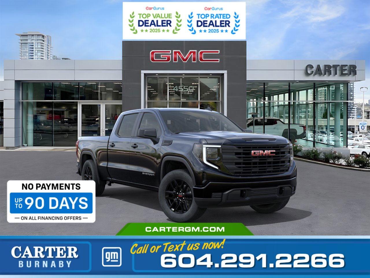 Purchase your new vehicle today and enjoy NO PAYMENTS FOR UP TO 90 DAYS. Upgrade with confidence, without stretching your budget!  Drive with power and confidence the 2026 GMC Sierra 1500 Pro Crew Cab 4WD! Its powerful 5.3L EcoTec3 V8 engine and 7,000-lb GVWR deliver impressive capability, while the Autotrac electronic transfer case makes 4WD effortless. Stay connected with Wi-Fi Hotspot capability and drive with peace of mind thanks to StabiliTrak, HD Rear Vision Camera, and advanced safety features like the Following Distance Indicator. Whether on the job or the open road, this truck has you covered.  Come take it for a test drive today and experience all this stylish vehicle has to offer!  WHY CARTER GM BURNABY?  - An unrivalled vehicle purchasing experience! - Exceeding our loyal customers expectations since 1963 - 4.5 Google star rating with 2,175+ customer reviews) - CarGurus Top-Rated Dealer 2025 Award - CarGurus Top Value Dealer 2025 Award - Vehicle trades welcome! Best price guaranteed! - We provide upfront pricing, zero hidden fees, and 100% transparency - Fast approvals and 99% acceptance rates (no matter your current credit status!) - Multilingual staff (many languages spoken) - Comfortable non-pressured environment with in-store television, WIFI and a childrens play area! - In-store restaurant: fresh daily menu        Were here to help you drive the vehicle you want, the vehicle you deserve! QUESTIONS? GREAT! WEVE GOT ANSWERS! To speak with a friendly vehicle specialist - CALL NOW! (Doc. Fee: $495.00 Dealer Code: D5505)