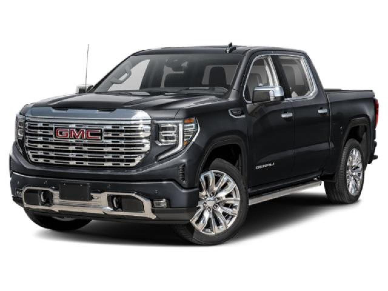 Nothing says impressive like our 2025 GMC Sierra 1500 Denali Crew Cab 4X4, which advances truck luxury in Onyx Black! Powered by a 6.2 Liter EcoTec3 V8 generating 420hp for a 10 Speed Automatic transmission. A premium suspension with adaptive ride control helps you comfortably cruise from town to trail, and this Four Wheel Drive truck scores approximately 12.4L/100km on the highway. Signature Sierra style comes into the picture with a distinctive grille, LED lighting, fog lamps, full-length chrome assist steps, bed lighting, bold 20-inch alloy wheels, a MultiPro tailgate, and a spray-on bedliner. Shining brightly, our Denali cabin treats owners to deluxe features like heated/ventilated leather power front and heated rear seats, a heated-wrapped power steering wheel, dual-zone automatic climate control, remote start, keyless access/ignition, and a digital dashboard. The sophisticated setup boasts a 13.4-inch touchscreen and 12.3-inch driver display, enabling wireless Android Auto/Apple CarPlay, WiFi compatibility, Google Built-In, wireless charging, Bluetooth, voice control, and a Bose sound system. Youll also find impressive GMC safety systems, including front/rear auto braking, HD surround vision with a bed-view camera, adaptive cruise control, trailer-capable blind-spot monitoring, lane-keeping assistance, and more. Crafted to exceed expectations, our Sierra 1500 Denali is an excellent choice! Save this Page and Call for Availability. We Know You Will Enjoy Your Test Drive Towards Ownership!