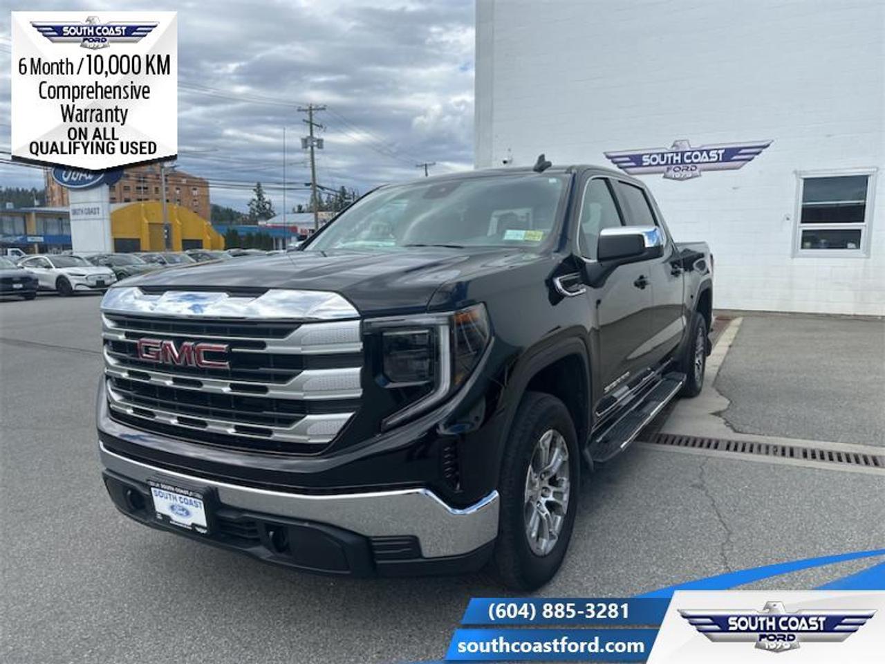 <b>Apple CarPlay,  Android Auto,  Cruise Control,  Rear View Camera,  Touch Screen!</b><br> <br> <p style=color:Blue;><b>Upgrade your ride at South Coast Ford with peace of mind! Our used vehicles come with a minimum of 10,000 km and 6 months of Comprehensive Vehicle Warranty. Drive with confidence knowing your investment is protected.</b></p><br> <br> Compare at $48990 - Our Price is just $46887! <br> <br>This professional grade Sierra 1500 has the proven GMC power you expect from your truck, ensuring that every haul, every trailering experience, and every family trip is handled like a pro. This 2022 GMC Sierra 1500 is for sale today in Sechelt. <br> <br>This redesigned GMC Sierra 1500 stands out against all other pickup trucks, with sharper, more powerful proportions that creates a commanding stance on and off the road. Next level comfort and technology is paired with its outstanding performance and capability. Inside, the Sierra 1500 supports you through rough terrain with expertly designed seats and a pro grade suspension. Inside, youll find an athletic and purposeful interior, designed for your active lifestyle. Get ready to live like a pro in this amazing GMC Sierra 1500! This pickup has 51,741 km. Its Black in colour. It has a 8 Speed Automatic transmission and is powered by a 2.7L TURBO HIGH-OUTPUT engine. <br> <br> Our Sierra 1500s trim level is SLE. Stepping up to this GMC Sierra 1500 SLE is a great choice as it comes loaded with some excellent features such as a massive 13.4 inch touchscreen display with wireless Apple CarPlay and Android Auto, wireless streaming audio, SiriusXM, 4G LTE hotspot, cruise control and LED headlights. Additionally, this pickup truck also comes with a rear vision camera, forward collision warning and lane keep assist, air conditioning, teen driver technology plus so much more! This vehicle has been upgraded with the following features: Apple CarPlay, Android Auto, Cruise Control, Rear View Camera, Touch Screen, Streaming Audio, Teen Driver.<br> <br>To apply right now for financing use this link: <a href=https://www.southcoastford.com/financing/ target=_blank>https://www.southcoastford.com/financing/</a><br><br> <br/><br> Buy this vehicle now for the lowest bi-weekly payment of <b>$382.73</b> with $0 down for 84 months @ 7.99% APR O.A.C. (All rates are OAC. Check with our team for rate specials on new and used vehicles. Banks will have financed minimum amounts for certain rates.     / Total Obligation of $63947  ).  See dealer for details. <br> <br>Call South Coast Ford Sales or come visit us in person. Were convenient to Sechelt, BC and located at 5606 Wharf Avenue. and look forward to helping you with your automotive needs.<br><br> Come by and check out our fleet of 20+ used cars and trucks and 90+ new cars and trucks for sale in Sechelt.  o~o