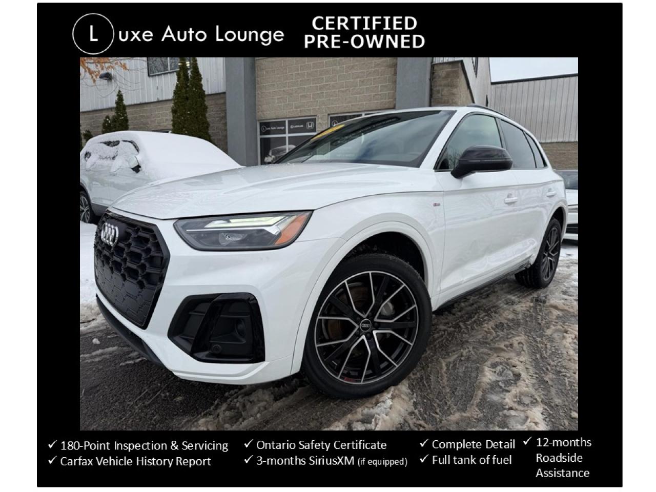 <p>WHY PAY OVER $70,000 FOR A NEW ONE!?!?!?! This 2021 Audi Q5 Progressiv with S-line package is the LOW MILEAGE, SPORTY SUV you have been looking for!! Loaded up with all the toys including: power sunroof, navigation, power seats, heated seats and steering wheel, bluetooth hands-free, back-up camera, SiriusXM satellite radio, gloss black wheels, sport seats with adjustable knee bolster and more!</p><p><span style=font-size: 16px; caret-color: #333333; color: #333333; font-family: Work Sans, sans-serif; white-space: pre-wrap; -webkit-text-size-adjust: 100%; background-color: #ffffff;>This vehicle comes Luxe certified pre-owned, which includes: 180-point inspection & servicing, oil lube and filter change, minimum 50% material remaining on tires and brakes, Ontario safety certificate, complete interior and exterior detailing, Carfax Verified vehicle history report, guaranteed one key (additional keys may be purchased at time of sale), FREE 90-day SiriusXM satellite radio trial (on factory-equipped vehicles) & full tank of fuel! </span><span style=background-color: #ffffff; color: #333333; font-family: Work Sans, sans-serif; font-size: 16px; caret-color: #333333; white-space-collapse: preserve;>Remember, we built our business on quality, trust, service, and we deliver. PERIOD.</span></p><p><span style=background-color: #ffffff; color: #333333; font-family: Work Sans, sans-serif; font-size: 16px; caret-color: #333333; white-space-collapse: preserve;>Priced at ONLY $255 bi-weekly with $2500 down over 78 months at 7.99% (cost of borrowing is $1899 per $10000 financed) OR cash purchase price of $35991 (both prices are plus HST and licensing). Call today and book your test drive.... and make your neighbors JEALOUS!!!</span></p>