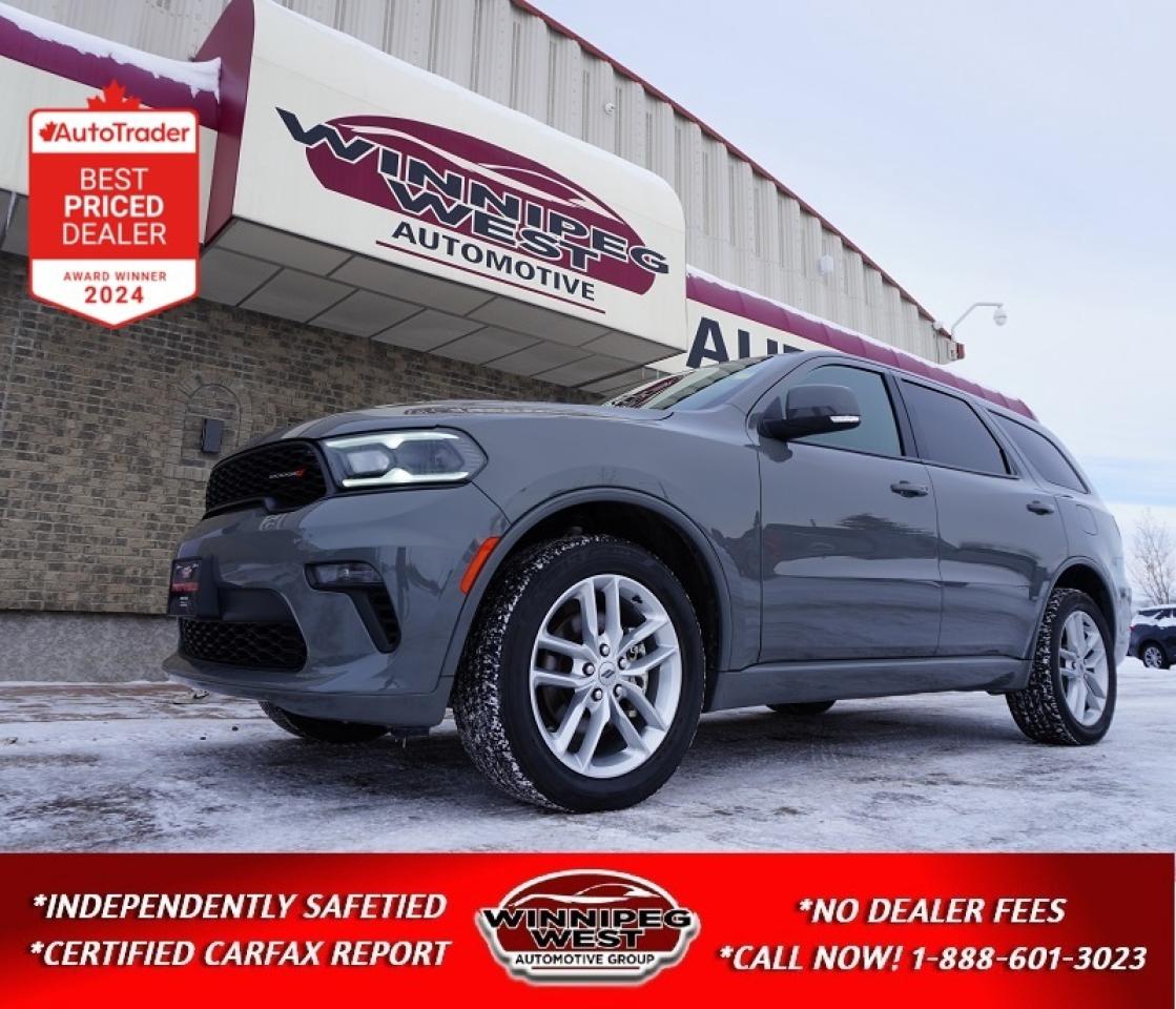 *** Dealer arranged financing on site! Quick, Simple,  no calls or waiting on bank appointments required!! Drive away today ***   NO ADMINISTRATION FEES!!

LOW KMS, GREAT LOOKS, FULLY LOADED WITH ALL THE OPTIONS, INCLUDING RT SPORT HOOD, SUNROOF, NAVIGATION, HEATED STEERING WHEEL, HEATED FRONT AND VERY RARE SECOND ROW REAR CAPTAINS CHAIRS & MORE, THIS 2022 DODGE DURANGO GT 6-PASS AWD IN HARD TO FIND AND SOUGHT AFTER DESTROYER GREY ON BLACK LEATHER IS READY TO GO NOW!! 

- 3.6L Pentastar V6 with Stop/Start Fuel Saver WITH 295hp!! 
- 8-Speed automatic 
- Smart AWD Auto 4x4 
- Heated Steering wheel
- Power heated memory leather Sport Bucket seating 
- RARE Second row Captains chairs heated 
- 3rd rear seat (6-passenger) 
- 2-way power sunroof  
- Uconnect5 with 10.1-inch touchscreen infotainment system 
- Premium audio with AUX & USB 
- Satellite and Apple Car Play/Android Auto capable 
- 4G LTE Wifi Hot Spot 
- Factory Navigation 
- Tri zone auto climate control with rear air and heat 
- Smart Proximity keys with push button start 
- Factory Remote starter 
- Power lift gate 
- Back up camera 
- Rear Park sensors 
- factory tow package   
- Trailer sway control 
- 20-inch Sport Aluminum alloy Wheels 
- Read below for more info... 

FLAWLESS & EXTRA SHARP VERY LOW KMS, 2022 DURANGO GT AWD, LOADED INCLUDING RT SPORT HOOD & ALL FACTORY OPTIONS IN HARD TO FIND AND SOUGHT-AFTER DESTROYER GREY ON BLACK LEATHER, VERY CLEAN INSIDE AND OUT! This beauty gets power and performance from the proven 3.6L Pentastar V6 engine delivering 295 hp matched to the smooth shifting 8-speed sport-shift automatic, smart auto 4X4 (AWD). This GT is loaded with top of line luxury options like key-less Bluetooth entry with push button start, power lift gate, tri-zone automatic climate control with rear air and heat, heated power memory Sport leather Bucket front seats, & rare second row captains chairs also heated (6-passenger seating), heated steering wheel, 8-way power adjustable front seats, 2 way power sunroof, tilt and telescopic wheel, Uconnect5 with 10.1-inch touchscreen infotainment system with AUX, USB and satellite, Bluetooth for phone and media, Apple Car Play and Android Auto, factory navigation sys, factory remote start, electronic stability control with hill decent and anti-roll assist, dark privacy glass, GT Appearance package (with body coloured body accents, handles, mirrors and trim), Factory tow package including back up camera, engine cooling and trailer sway control. All this rides on 20" Sport aluminum alloy wheels and so much more. 1-owner, local Manitoba SUV  very clean inside and out with great financing terms available now!! 


Comes with a Manitoba Safety Certification, and we have many Extended Powertrain warrantys available on your vehicle purchase up to 10-year coverage (on eligible vehicles see dealer for details). Financing on site with Zero down financing OAC. Trades accepted. View at Winnipeg West Automotive Group, 5195 Portage Ave. (only a couple of minutes past the new Costco) Dealer permit # 6007, Call now 1(888) 601-3023. This Car is located in Winnipeg Manitoba,  however we can have it shipped anywhere in North America relatively inexpensively.