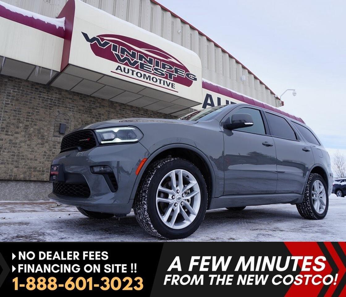 *** Dealer arranged financing on site! Quick, Simple,  no calls or waiting on bank appointments required!! Drive away today ***   NO ADMINISTRATION FEES!!

LOW KMS, GREAT LOOKS, FULLY LOADED WITH ALL THE OPTIONS, INCLUDING RT SPORT HOOD, SUNROOF, NAVIGATION, HEATED STEERING WHEEL, HEATED FRONT AND VERY RARE SECOND ROW REAR CAPTAINS CHAIRS & MORE, THIS 2022 DODGE DURANGO GT 6-PASS AWD IN HARD TO FIND AND SOUGHT AFTER DESTROYER GREY ON BLACK LEATHER IS READY TO GO NOW!! 

- 3.6L Pentastar V6 with Stop/Start Fuel Saver WITH 295hp!! 
- 8-Speed automatic 
- Smart AWD Auto 4x4 
- Heated Steering wheel
- Power heated memory leather Sport Bucket seating 
- RARE Second row Captains chairs heated 
- 3rd rear seat (6-passenger) 
- 2-way power sunroof  
- Uconnect5 with 10.1-inch touchscreen infotainment system 
- Premium audio with AUX & USB 
- Satellite and Apple Car Play/Android Auto capable 
- 4G LTE Wifi Hot Spot 
- Factory Navigation 
- Tri zone auto climate control with rear air and heat 
- Smart Proximity keys with push button start 
- Factory Remote starter 
- Power lift gate 
- Back up camera 
- Rear Park sensors 
- factory tow package   
- Trailer sway control 
- 20-inch Sport Aluminum alloy Wheels 
- Read below for more info... 

FLAWLESS & EXTRA SHARP VERY LOW KMS, 2022 DURANGO GT AWD, LOADED INCLUDING RT SPORT HOOD & ALL FACTORY OPTIONS IN HARD TO FIND AND SOUGHT-AFTER DESTROYER GREY ON BLACK LEATHER, VERY CLEAN INSIDE AND OUT! This beauty gets power and performance from the proven 3.6L Pentastar V6 engine delivering 295 hp matched to the smooth shifting 8-speed sport-shift automatic, smart auto 4X4 (AWD). This GT is loaded with top of line luxury options like key-less Bluetooth entry with push button start, power lift gate, tri-zone automatic climate control with rear air and heat, heated power memory Sport leather Bucket front seats, & rare second row captains chairs also heated (6-passenger seating), heated steering wheel, 8-way power adjustable front seats, 2 way power sunroof, tilt and telescopic wheel, Uconnect5 with 10.1-inch touchscreen infotainment system with AUX, USB and satellite, Bluetooth for phone and media, Apple Car Play and Android Auto, factory navigation sys, factory remote start, electronic stability control with hill decent and anti-roll assist, dark privacy glass, GT Appearance package (with body coloured body accents, handles, mirrors and trim), Factory tow package including back up camera, engine cooling and trailer sway control. All this rides on 20" Sport aluminum alloy wheels and so much more. 1-owner, local Manitoba SUV  very clean inside and out with great financing terms available now!! 


Comes with a Manitoba Safety Certification, and we have many Extended Powertrain warranties available on your vehicle purchase up to 10-year coverage (on eligible vehicles see dealer for details). Financing on site with Zero down financing OAC. Trades accepted. View at Winnipeg West Automotive Group, 5195 Portage Ave. (only a couple of minutes past the new Costco) Dealer permit # 6007, Call now 1(888) 601-3023. This Car is located in Winnipeg Manitoba,  however we can have it shipped anywhere in North America relatively inexpensively.