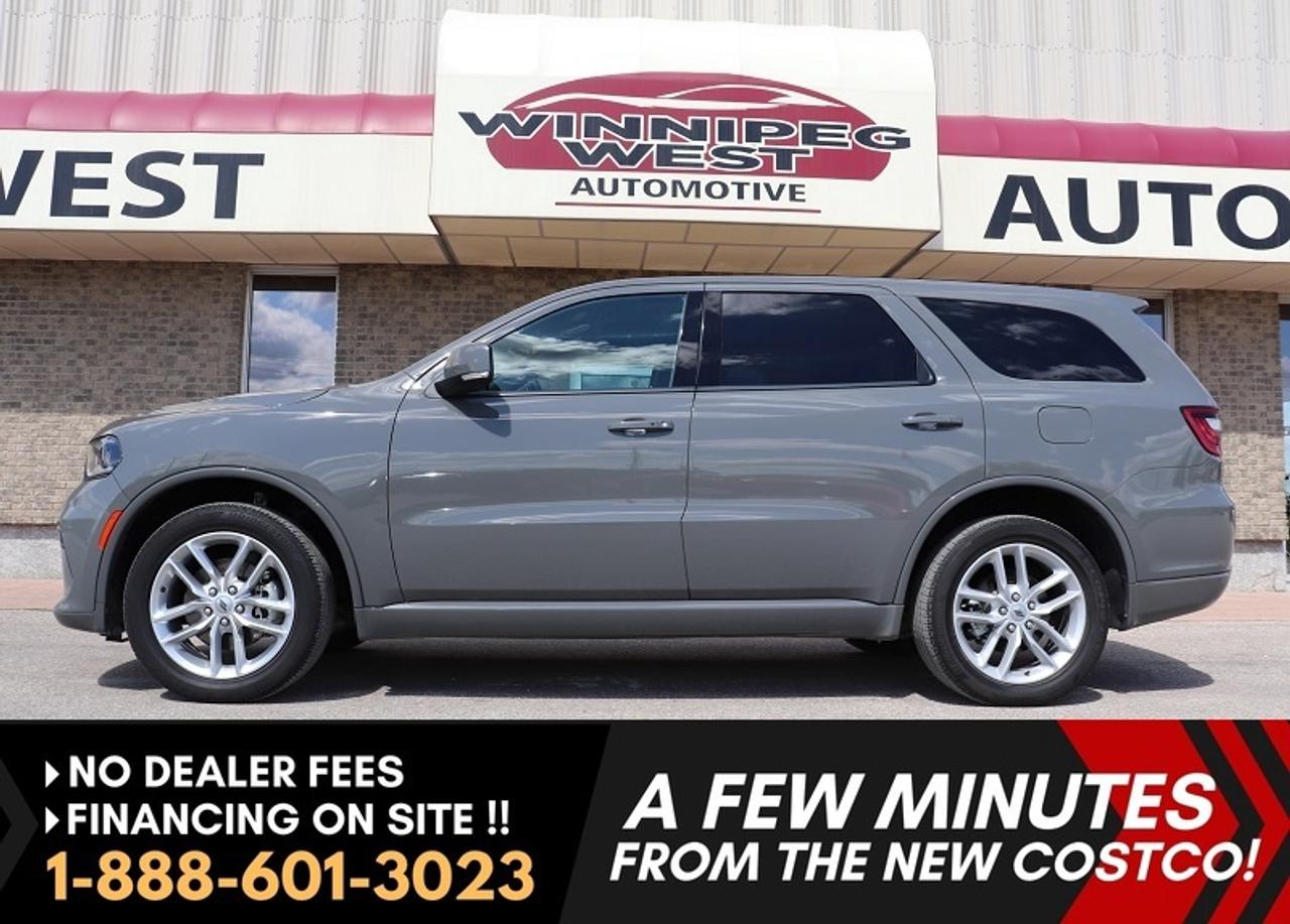 *** Dealer arranged financing on site! Quick, Simple,  no calls or waiting on bank appointments required!! Drive away today ***   NO ADMINISTRATION FEES!!

LOW KMS, GREAT LOOKS, FULLY LOADED WITH ALL THE OPTIONS, INCLUDING RT SPORT HOOD, SUNROOF, NAVIGATION, HEATED STEERING WHEEL, HEATED FRONT AND VERY RARE SECOND ROW REAR CAPTAINS CHAIRS & MORE, THIS 2022 DODGE DURANGO GT 6-PASS AWD IN HARD TO FIND AND SOUGHT AFTER DESTROYER GREY ON BLACK LEATHER IS READY TO GO NOW!! 

- 3.6L Pentastar V6 with Stop/Start Fuel Saver WITH 295hp!! 
- 8-Speed automatic 
- Smart AWD Auto 4x4 
- Heated Steering wheel
- Power heated memory leather Sport Bucket seating 
- RARE Second row Captains chairs heated 
- 3rd rear seat (6-passenger) 
- 2-way power sunroof  
- Uconnect5 with 10.1-inch touchscreen infotainment system 
- Premium audio with AUX & USB 
- Satellite and Apple Car Play/Android Auto capable 
- 4G LTE Wifi Hot Spot 
- Factory Navigation 
- Tri zone auto climate control with rear air and heat 
- Smart Proximity keys with push button start 
- Factory Remote starter 
- Power lift gate 
- Back up camera 
- Rear Park sensors 
- factory tow package   
- Trailer sway control 
- 20-inch Sport Aluminum alloy Wheels 
- Read below for more info... 

FLAWLESS & EXTRA SHARP VERY LOW KMS, 2022 DURANGO GT AWD, LOADED INCLUDING RT SPORT HOOD & ALL FACTORY OPTIONS IN HARD TO FIND AND SOUGHT-AFTER DESTROYER GREY ON BLACK LEATHER, VERY CLEAN INSIDE AND OUT! This beauty gets power and performance from the proven 3.6L Pentastar V6 engine delivering 295 hp matched to the smooth shifting 8-speed sport-shift automatic, smart auto 4X4 (AWD). This GT is loaded with top of line luxury options like key-less Bluetooth entry with push button start, power lift gate, tri-zone automatic climate control with rear air and heat, heated power memory Sport leather Bucket front seats, & rare second row captains chairs also heated (6-passenger seating), heated steering wheel, 8-way power adjustable front seats, 2 way power sunroof, tilt and telescopic wheel, Uconnect5 with 10.1-inch touchscreen infotainment system with AUX, USB and satellite, Bluetooth for phone and media, Apple Car Play and Android Auto, factory navigation sys, factory remote start, electronic stability control with hill decent and anti-roll assist, dark privacy glass, GT Appearance package (with body coloured body accents, handles, mirrors and trim), Factory tow package including back up camera, engine cooling and trailer sway control. All this rides on 20" Sport aluminum alloy wheels and so much more. 1-owner, local Manitoba SUV  very clean inside and out with great financing terms available now!! 


Comes with a Manitoba Safety Certification, and we have many Extended Powertrain warranties available on your vehicle purchase up to 10-year coverage (on eligible vehicles see dealer for details). Financing on site with Zero down financing OAC. Trades accepted. View at Winnipeg West Automotive Group, 5195 Portage Ave. (only a couple of minutes past the new Costco) Dealer permit # 6007, Call now 1(888) 601-3023. This Car is located in Winnipeg Manitoba,  however we can have it shipped anywhere in North America relatively inexpensively.