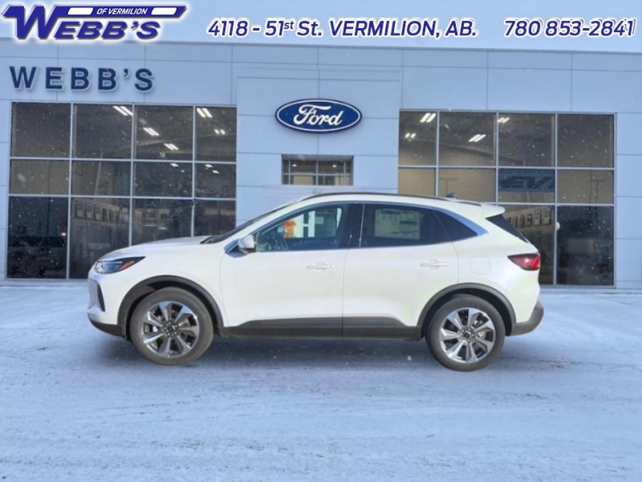 <b>Premium Technology Package, 360 Camera, Class II Trailer Tow Package, Reverse Brake Assist!</b><br> <br> <br> <br>With an interior that easily adapts to your needs this 2025 Ford Escape is the perfect partner for the spontaneous adventurer. <br> <br>This Ford Escape was built for an active lifestyle and offers plenty of options for you to hit the road in your own individual style. Whether you need a family SUV for soccer practice, a capable adventure vehicle, or both, the versatile Ford Escape has you covered. Built for those who live on the go, the 2025 Ford Escape is made to be unstoppable.<br> <br>This Star White Metallic Tri-Coat SUV has a 8 Speed Automatic transmission and is powered by a 250HP 2.0L 4 Cylinder Engine. <br> <br> Our Escapes trim level is Platinum. This Escape Platinum is a significant step up, with upgrades such as inbuilt navigation, adaptive cruise control, a surround camera system and evasive steering assist. The amazing standard features continue with heated ActiveX synthetic leather seats, a heated leatherette steering wheel, simulated wood interior trim, remote engine start, and an expansive 13.2-inch infotainment screen with wireless Apple CarPlay and Android Auto, SiriusXM satellite radio, and FordPass Connect 4G mobile hotspot internet access. Safety features include blind spot detection, lane keeping assist with lane departure warning, evasive steering assist, forward and rear collision mitigation, and front and rear parking sensors. Additional features include a power liftgate for rear cargo access, aluminum wheels, roof rack rails, LED headlights with automatic high beams, a keypad for extra security, and so much more. This vehicle has been upgraded with the following features: Premium Technology Package, 360 Camera, Class II Trailer Tow Package, Reverse Brake Assist.<br><br> View the original window sticker for this vehicle with this url <b><a href=http://www.windowsticker.forddirect.com/windowsticker.pdf?vin=1FMCU9JA9SUB57613 target=_blank>http://www.windowsticker.forddirect.com/windowsticker.pdf?vin=1FMCU9JA9SUB57613</a></b>.<br> <br>To apply right now for financing use this link: <a href=https://www.webbsford.com/financing/ target=_blank>https://www.webbsford.com/financing/</a><br><br> <br/> Total  rebate of $4000 is reflected in the price.   5.49% financing for 84 months. <br> Buy this vehicle now for the lowest bi-weekly payment of <b>$313.95</b> with $0 down for 84 months @ 5.49% APR O.A.C. ( taxes included, $199 documentation fee   / Total cost of borrowing $9739   ).  Incentives expire 2026-01-27.  See dealer for details. <br> <br>Webbs Ford is located at 4118 - 51st Street in beautiful Vermilion, AB. <br/>We offer superior sales and service for our valued customers and are committed to serving our friends and clients with the best services possible. If you are looking to set up a test drive in one of our new Fords or looking to inquire about financing options, please call (780) 853-2841 and speak to one of our professional staff members today.   Vehicle pricing offer shown expires 2026-01-31.  o~o