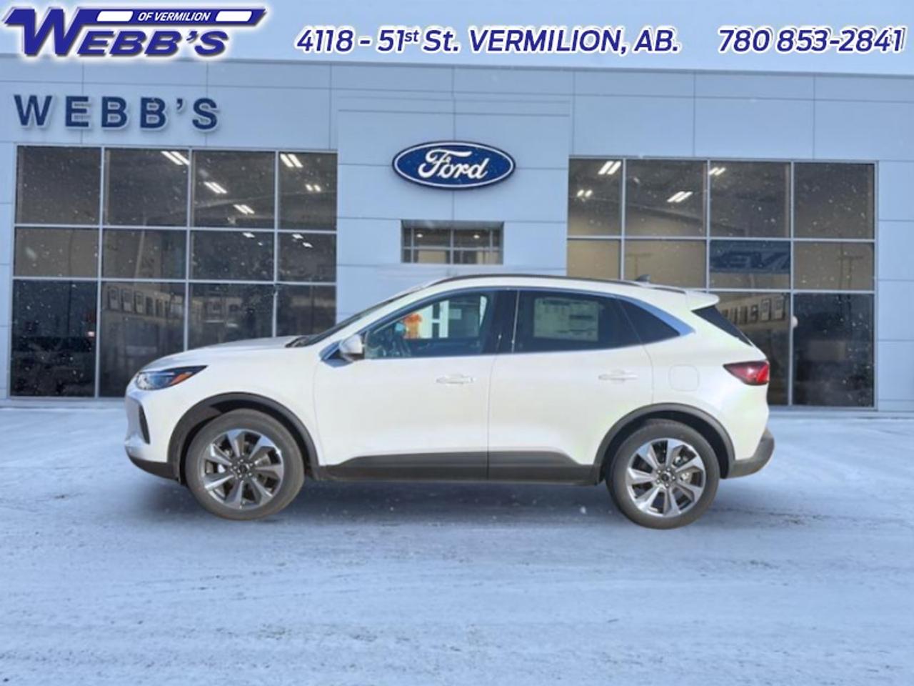 <p><strong>Premium Technology Package, 360 Camera, Class II Trailer Tow Package, Reverse Brake Assist!</strong><br><br><br><br>With an interior that easily adapts to your needs this 2025 Ford Escape is the perfect partner for the spontaneous adventurer. <br><br>This Ford Escape was built for an active lifestyle and offers plenty of options for you to hit the road in your own individual style. Whether you need a family SUV for soccer practice, a capable adventure vehicle, or both, the versatile Ford Escape has you covered. Built for those who live on the go, the 2025 Ford Escape is made to be unstoppable.<br><br>This Star White Metallic Tri-Coat SUV has a 8 Speed Automatic transmission and is powered by a 250HP 2.0L 4 Cylinder Engine. <br><br>Our Escapes trim level is Platinum. This Escape Platinum is a significant step up, with upgrades such as inbuilt navigation, adaptive cruise control, a surround camera system and evasive steering assist. The amazing standard features continue with heated ActiveX synthetic leather seats, a heated leatherette steering wheel, simulated wood interior trim, remote engine start, and an expansive 13.2-inch infotainment screen with wireless Apple CarPlay and Android Auto, SiriusXM satellite radio, and FordPass Connect 4G mobile hotspot internet access. Safety features include blind spot detection, lane keeping assist with lane departure warning, evasive steering assist, forward and rear collision mitigation, and front and rear parking sensors. Additional features include a power liftgate for rear cargo access, aluminum wheels, roof rack rails, LED headlights with automatic high beams, a keypad for extra security, and so much more. This vehicle has been upgraded with the following features: Premium Technology Package, 360 Camera, Class II Trailer Tow Package, Reverse Brake Assist.<br><br>View the original window sticker for this vehicle with this url <strong><a href=http://www.windowsticker.forddirect.com/windowsticker.pdf?vin=1FMCU9JA9SUB57613 target=_blank rel=noopener>http://www.windowsticker.forddirect.com/windowsticker.pdf?vin=1FMCU9JA9SUB57613</a></strong>.<br><br>To apply right now for financing use this link: <a href=https://www.webbsford.com/financing/ target=_blank rel=noopener>https://www.webbsford.com/financing/</a><br><br><br>Total rebate of $4500 is reflected in the price. 5.49% financing for 84 months. <br>Buy this vehicle now for the lowest bi-weekly payment of <strong>$310.47</strong> with $0 down for 84 months @ 5.49% APR O.A.C. ( taxes included, $199 documentation fee / Total cost of borrowing $9631 ). Incentives expire 2026-04-30. See dealer for details. <br><br>Webbs Ford is located at 4118 - 51st Street in beautiful Vermilion, AB. <br>We offer superior sales and service for our valued customers and are committed to serving our friends and clients with the best services possible. If you are looking to set up a test drive in one of our new Fords or looking to inquire about financing options, please call (780) 853-2841 and speak to one of our professional staff members today. Vehicle pricing offer shown expires 2026-04-30. o~o</p>
