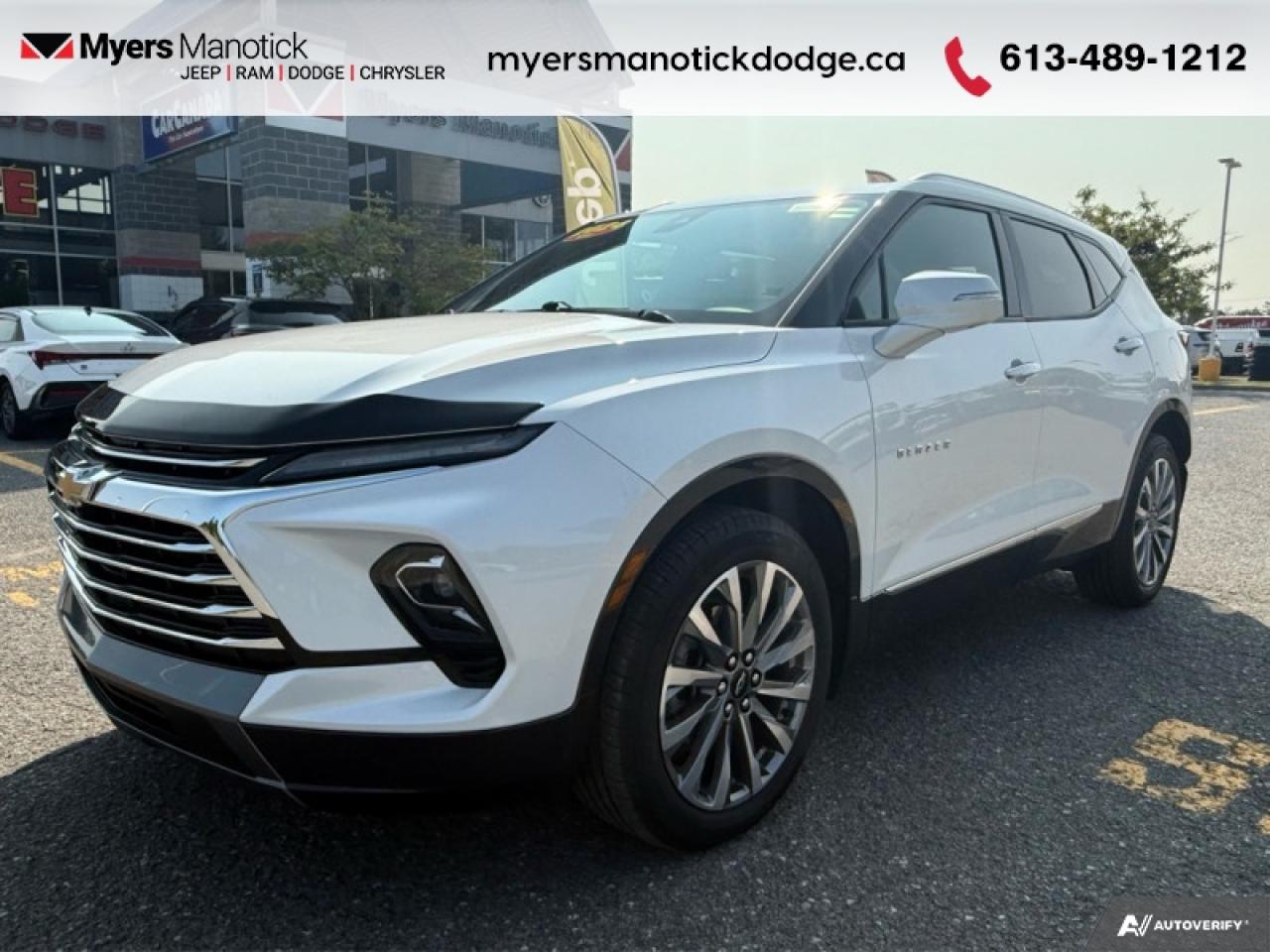 <b>Sunroof,  Premium Audio,  Wireless Charging,  Navigation,  Leather Seats!</b><br> <br>  Compare at $47502 - Our Price is just $46118! <br> <br>   This 2024 Chevrolet Blazer leaves the past behind with sharp styling, premium crossover comfort and extreme refinement levels. This  2024 Chevrolet Blazer is for sale today in Manotick. <br> <br>Sculpted and stylish with a roomy, driver-centric interior, this Chevrolet Blazer is engineered with form and function in mind. With loads of features and tech, it is a potent and highly capable crossover SUV that is big on practicality, passenger comfort and premium driving experiences. With a driver-focused interior, this Chevy Blazer invites you to take the wheel. Controls, switches and features are easily within reach and right where you expect them to be.This  SUV has 22,717 kms. Its  white in colour  . It has an automatic transmission and is powered by a  308HP 3.6L V6 Cylinder Engine. <br> <br> Our Blazers trim level is Premier. This highly equipped Blazer Premier comes loaded with unique aluminum wheels and a signature chrome grille, Bose premium audio and integrated navigation. It also includes perforated leather seats that are cooled in the front, an 8-inch color touch screen with Apple CarPlay and Android Auto, 4G LTE WiFi, a leather steering wheel, dual zone climate control, power tilt and telescoping steering column and rear park assist. Additional safety features include rear cross traffic alert, lane keep assist with lane departure warning, blind spot detection, a power liftgate, forward collision alert, an HD rear vision camera and much more! This vehicle has been upgraded with the following features: Sunroof,  Premium Audio,  Wireless Charging,  Navigation,  Leather Seats,  Tow Package,  Heated Seats. <br> <br>To apply right now for financing use this link : <a href=https://CreditOnline.dealertrack.ca/Web/Default.aspx?Token=3206df1a-492e-4453-9f18-918b5245c510&Lang=en target=_blank>https://CreditOnline.dealertrack.ca/Web/Default.aspx?Token=3206df1a-492e-4453-9f18-918b5245c510&Lang=en</a><br><br> <br/><br>If youre looking for a Dodge, Ram, Jeep, and Chrysler dealership in Ottawa that always goes above and beyond for you, visit Myers Manotick Dodge today! Were more than just great cars. We provide the kind of world-class Dodge service experience near Kanata that will make you a Myers customer for life. And with fabulous perks like extended service hours, our 30-day tire price guarantee, the Myers No Charge Engine/Transmission for Life program, and complimentary shuttle service, its no wonder were a top choice for drivers everywhere. Get more with Myers! <br>*LIFETIME ENGINE TRANSMISSION WARRANTY NOT AVAILABLE ON VEHICLES WITH KMS EXCEEDING 140,000KM, VEHICLES 8 YEARS & OLDER, OR HIGHLINE BRAND VEHICLE(eg. BMW, INFINITI. CADILLAC, LEXUS...)<br> Come by and check out our fleet of 50+ used cars and trucks and 60+ new cars and trucks for sale in Manotick.  o~o