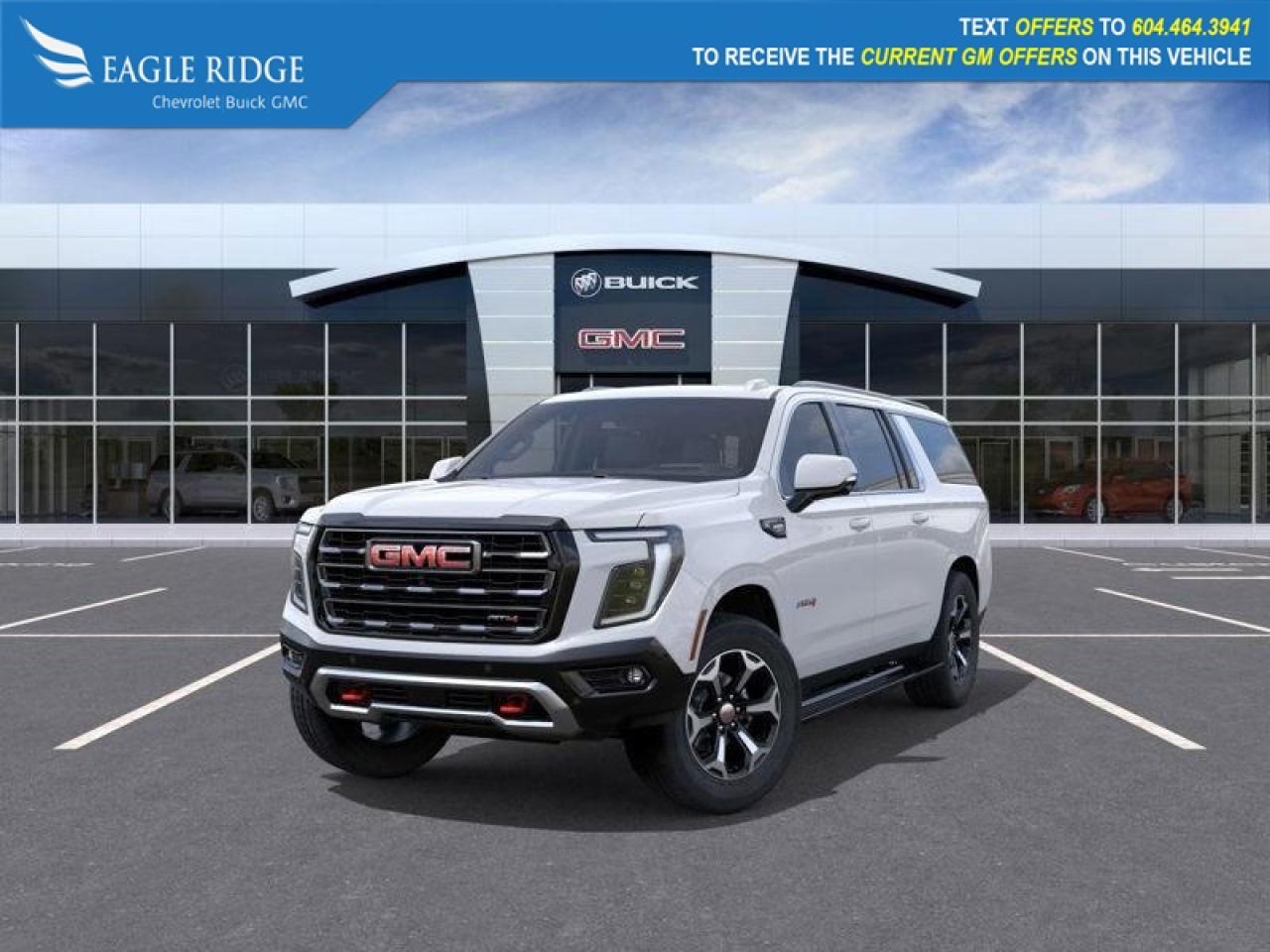 New 2025 GMC Yukon XL AT4 Ultimate Magnetic Ride Control Suspension, AutoSense power liftgate, heated and ventilated leather seats, backup cameras, and lane keep assist for sale in Coquitlam, BC