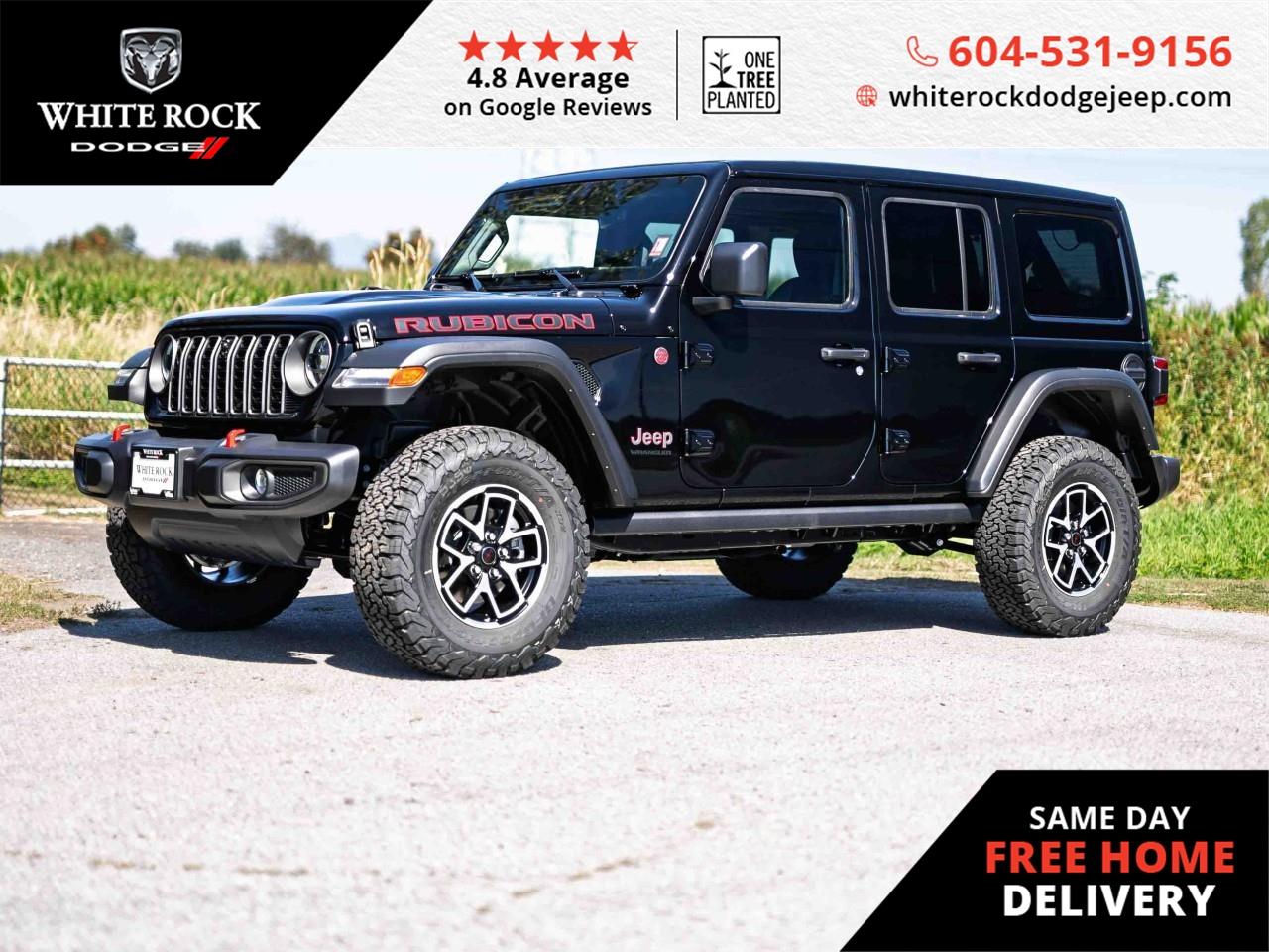 Your dream Wrangler has arrived: ALLOY WHEELS, TRAILER SWAY CONTROL, SKID PLATES, 4 WHEEL DISC BRAKES. Ready for any adventure, this 2025 Jeep Wrangler Rubicon in a mesmerizing Black exterior and sleek Black interior is the perfect mix of robust looks and refined capabilities. Powered by a capable 3.6L 6CYL engine combined with a smooth 8-Speed Automatic transmission, navigating through Surrey's expansive landscapes becomes as engaging as it is effortless.<p></p><p>The Wrangler's 4x4 system stands ready to tackle rough terrain, while the INTEGRATED ROLL-OVER PROTECTION and SECURITY SYSTEM ensure safety is never compromised. HEATED DOOR MIRRORS banish frost on those chilly mornings, ensuring clear visibility. The TRAILER HITCH invites you to bring along whatever you need for an extended weekend getaway.</p><p></p><p>Inside, AUTOMATIC TEMPERATURE CONTROL guarantees year-round comfort for you and your passengers, while the ILLUMINATED ENTRY and STEERING WHEEL MOUNTED AUDIO CONTROLS offer convenience at your fingertips. Make parking in tight spots a breeze with the REAR BACK-UP CAMERA, and set off on expeditions with the confidence of TRACTION CONTROL and ELECTRONIC STABILITY systems.</p><p></p><p>Don't just drive; explore with the Jeep Wrangler Rubicon, your partner for unforgettable journeys. Be among the first to command this new breed of Wrangler  experience the blend of tradition and innovation. Stock #S651229</p>