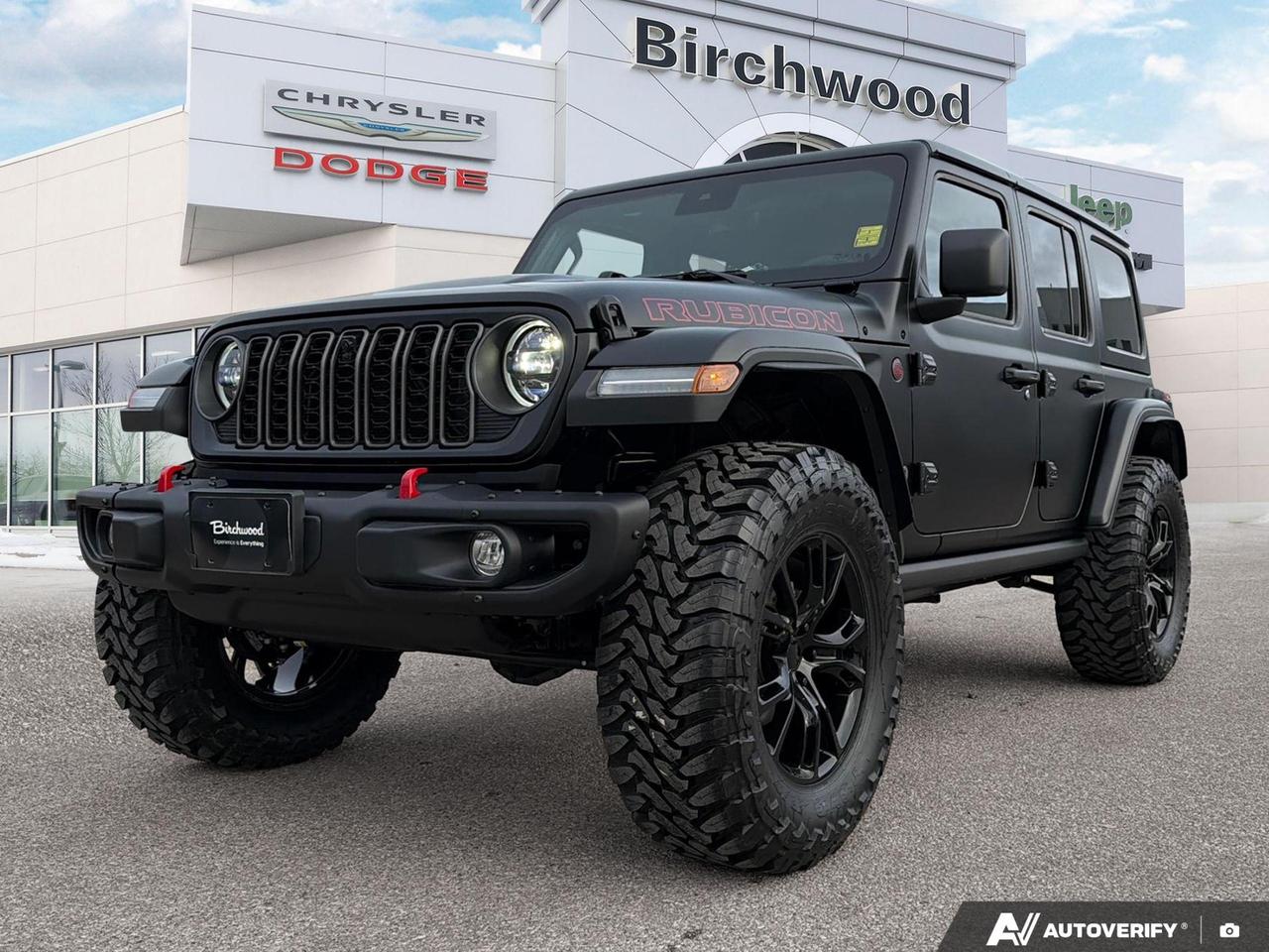 4:1 RockTrac heavyduty parttime 4WD system
Dana M210 wide HD tube front axle
Dana M220 wide full floating rear axle
ELocker rear axle
ELocker front axle
Electronic front disconnecting sway bar
Electronic Stability Control
Hill Start Assist
4 and 7pin wiring harness
OffRoad Plus mode
Supplemental front seatmounted side air bags
Supplemental side air bags
Advanced multistage front air bags
Automatic headlamps
Enhanced Adaptive Cruise Control
Experience the ultimate off-road adventure with the all-new 2025 Jeep Wrangler Rubicon! This iconic SUV combines rugged capability with modern comfort, perfect for thrill-seekers and outdoor enthusiasts alike.

Key Features:
- Powerful 3.6L Pentastar VVT V6 engine with ESS
- Advanced 4WD system with selectable front and rear locking differentials
- 17 black machined-face wheels with LT285/70R17C BSW on-/off-road tires
- Uconnect 5 Nav system with 12.3 display
- 4G LTE Wi-Fi hotspot for seamless connectivity
- Voice-activated dual-zone automatic air conditioning
- ParkView back-up camera and collision mitigation system
- Convertible design with fixed roll-over protection

Ready to conquer any terrain? Reserve your 2025 Jeep Wrangler Rubicon today! Visit our website or contact us to schedule a test drive and experience the perfect blend of power, technology, and freedom. Dont miss out on this opportunity to own the ultimate off-road machine!
Birchwood Chrysler Dodge is your choice for New Chrysler, Dodge, Jeep, RAM vehicles in Winnipeg. 
 
With us, Experience is Everything. Complete as much or as little of your purchase online as you like. All pricing you see is what you pay. No hidden fees. All new vehicle special offers and discounts are already calculated in the pricing. On our website you can choose payment options and terms knowing these are transparent and accurate.

Start your purchase online to build your exact pricing to your specifics like how much money down, vehicle trade and any accessories or added optional protection that suits your needs.

Any questions let us know by calling (204) 774-4444, wed love to send you a video to clarify any questions about a vehicle!

Visit us in store at 90-3965 Portage Ave in the Birchwood Autopark.

Dealer permit #5686
Dealer permit #5686
