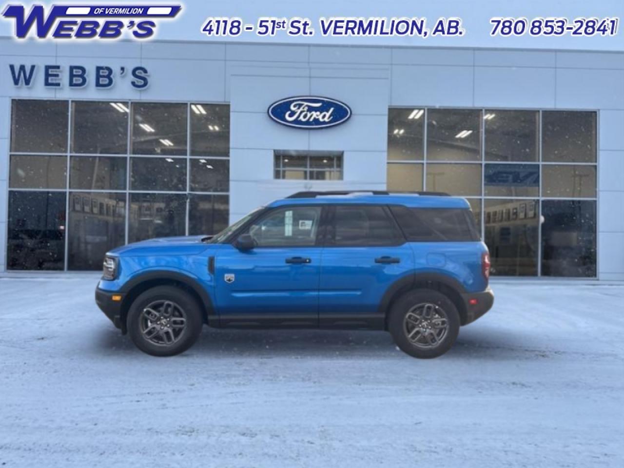 <b>Convenience Package!</b><br> <br> <br> <br>This 2025 Ford Bronco Sport is no rip-off of its bigger brother; its an off road-capable and versatile compact SUV. <br> <br>A compact footprint, an iconic name, and modern luxury come together to make this Bronco Sport an instant classic. Whether your next adventure takes you deep into the rugged wilds, or into the rough and rumble city, this Bronco Sport is exactly what you need. With enough cargo space for all of your gear, the capability to get you anywhere, and a manageable footprint, theres nothing quite like this Ford Bronco Sport.<br> <br>This Velocity Blue Metallic SUV has a 8 Speed Automatic transmission and is powered by a 181HP 1.5L 3 Cylinder Engine. <br> <br> Our Bronco Sports trim level is Big Bend. This Bronco Big Bend steps things up with heated cloth front seats that feature power lumbar adjustment, along with SiriusXM streaming radio and exclusive aluminum wheels. Also standard include voice-activated automatic air conditioning, 13.2-inch SYNC 4 powered infotainment screen with Apple CarPlay and Android Auto, smart charging USB type-A and type-C ports, 4G LTE mobile hotspot internet access, proximity keyless entry with remote start, and a robust terrain management system that features the trademark Go Over All Terrain (G.O.A.T.) driving modes. Additional features include blind spot detection, rear cross traffic alert and pre-collision assist with automatic emergency braking, lane keeping assist, lane departure warning, forward collision alert, driver monitoring alert, a rear-view camera, and so much more. This vehicle has been upgraded with the following features: Convenience Package.<br><br> View the original window sticker for this vehicle with this url <b><a href=http://www.windowsticker.forddirect.com/windowsticker.pdf?vin=3FMCR9BN8SRF12474 target=_blank>http://www.windowsticker.forddirect.com/windowsticker.pdf?vin=3FMCR9BN8SRF12474</a></b>.<br> <br>To apply right now for financing use this link: <a href=https://www.webbsford.com/financing/ target=_blank>https://www.webbsford.com/financing/</a><br><br> <br/> Total  rebate of $3500 is reflected in the price.   5.49% financing for 84 months. <br> Buy this vehicle now for the lowest bi-weekly payment of <b>$265.21</b> with $0 down for 84 months @ 5.49% APR O.A.C. ( taxes included, $199 documentation fee   / Total cost of borrowing $8227   ).  Incentives expire 2026-01-27.  See dealer for details. <br> <br>Webbs Ford is located at 4118 - 51st Street in beautiful Vermilion, AB. <br/>We offer superior sales and service for our valued customers and are committed to serving our friends and clients with the best services possible. If you are looking to set up a test drive in one of our new Fords or looking to inquire about financing options, please call (780) 853-2841 and speak to one of our professional staff members today.   Vehicle pricing offer shown expires 2026-01-31.  o~o