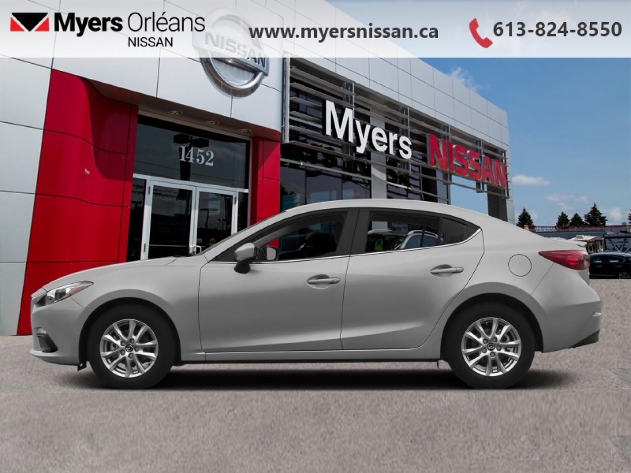 <b>Bluetooth,  Air Conditioning,  Remote Keyless Entry,  Power Windows,  Power Doors!</b><br> <br>  Compare at $9265 - Our Price is just $8995! <br> <br>   Spry handling, an upscale interior and energetic most efficient engines keep the 2015 Mazda 3 among the top of the list in its class. This  2015 Mazda Mazda3 is fresh on our lot in Orleans. <br> <br>The 2015 Mazda 3 is the perfect choice for those that want a compact car that has a perfect balance of style and value. The Mazda 3 offers great fuel economy, precise handling and a long list of features and options making a great value for the price. It is also available in a Sport version with larger wheels and additional cosmetic enhancements.Its  silver in colour  . It has an automatic transmission and is powered by a  155HP 2.0L 4 Cylinder Engine.  It may have some remaining factory warranty, please check with dealer for details. <br> <br> Our Mazda3s trim level is GX. The sleek entry-level 2015 Mazda3 GX offers keyless entry, tilt/telescoping steering wheel, Bluetooth connectivity and USB plug-in, convenient push button start and a responsive driving feel with Mazdas dynamic stability control. This vehicle has been upgraded with the following features: Bluetooth,  Air Conditioning,  Remote Keyless Entry,  Power Windows,  Power Doors. <br> <br/><br>We are proud to regularly serve our clients and ready to help you find the right car that fits your needs, your wants, and your budget.And, of course, were always happy to answer any of your questions.Proudly supporting Ottawa, Orleans, Vanier, Barrhaven, Kanata, Nepean, Stittsville, Carp, Dunrobin, Kemptville, Westboro, Cumberland, Rockland, Embrun , Casselman , Limoges, Crysler and beyond! Call us at (613) 824-8550 or use the Get More Info button for more information. Please see dealer for details. The vehicle may not be exactly as shown. The selling price includes all fees, licensing & taxes are extra. OMVIC licensed.Find out why Myers Orleans Nissan is Ottawas number one rated Nissan dealership for customer satisfaction! We take pride in offering our clients exceptional bilingual customer service throughout our sales, service and parts departments. Located just off highway 174 at the Jean DÀrc exit, in the Orleans Auto Mall, we have a huge selection of Used vehicles and our professional team will help you find the Nissan that fits both your lifestyle and budget. And if we dont have it here, we will find it or you! Visit or call us today.<br>*LIFETIME ENGINE TRANSMISSION WARRANTY NOT AVAILABLE ON VEHICLES WITH KMS EXCEEDING 140,000KM, VEHICLES 8 YEARS & OLDER, OR HIGHLINE BRAND VEHICLE(eg. BMW, INFINITI. CADILLAC, LEXUS...)<br> Come by and check out our fleet of 30+ used cars and trucks and 140+ new cars and trucks for sale in Orleans.  o~o