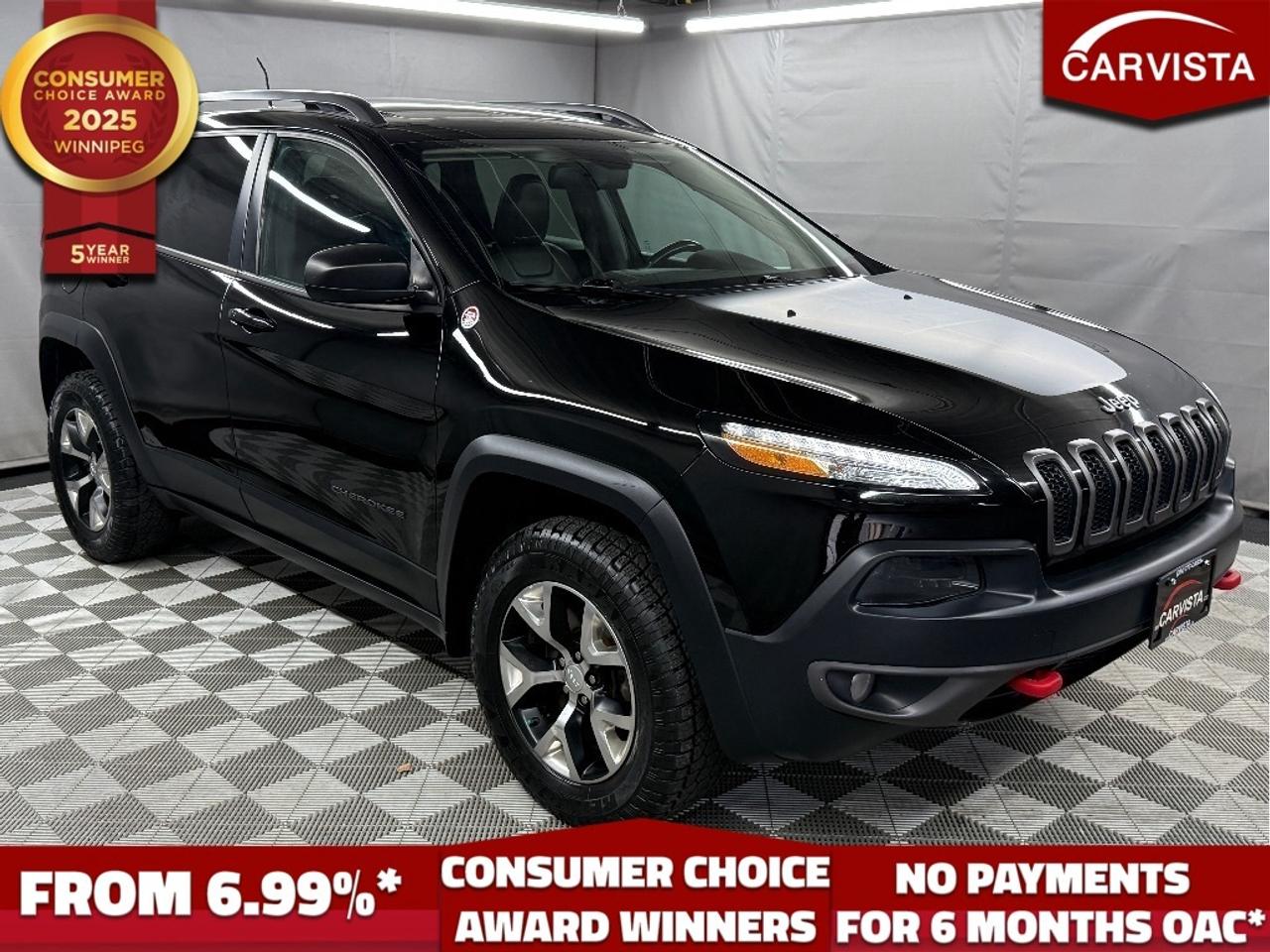 CONSECUTIVE COMSUMER CHOICE AWARD WINNERS!

LEATHER SEATING, BLUETOOTH HANDSFREE, REVERSE CAMERA, DUAL CLIMATE CONTROLS, POWER LIFTGATE, 4X4, REMOTE START, KEYLESS ENTRY

Adventure ready and well equipped, this 2017 Jeep Cherokee Trailhawk L 4x4 is built to take on both rugged terrain and everyday driving with confidence. Powered by a 3.2L V6 engine and Jeeps legendary 4x4 system, it delivers strong performance on and off the road. The Trailhawk trim adds a bold, trail rated design with off road capability, while the interior offers comfort and convenience for every journey.

Inside, youll find dual zone climate controls to keep everyone comfortable, a remote start system for added convenience, a power liftgate for easy cargo access, and a panoramic sunroof that fills the cabin with natural light. Blending ruggedness with refinement, this Cherokee Trailhawk is perfect for drivers who want capability without sacrificing comfort.

5 years running, consecutive receivers of the prestigious Consumer Choice Award in 2021, 2022, 2023, 2024 and 2025! Low rate dealer arranged financing available! 
At Carvista we offer a unique buying experience, with no deceiving finance gimmicks and trades are welcome but not required! Carvista is a family operated business that has been in business for over 25 years, and has earned a A+ BBB Accreditation and outstanding consumer accolades. Offering 175 quality pre-owned vehicles, all are certified and Carfax verified, most with remaining factory warranty and a modern facility located on Winnipegs Regent Ave strip. We welcome you to visit us at 1201 Regent Ave W, at Carvista, and drive away in a like new vehicle for less. In many cases we can offer no payments for 6 months! Dont let your trade or credit stop you, we accept any kind, any time. CARVISTA.CA, "Where the deals are".
 Prices and payments exclude GST OR PST Carvista Inc. 
Dealer Permit # 1211, Category: Used Vehicle 
Please verify all ad details with a Carvista sales person, vehicle may not be exactly as shown.