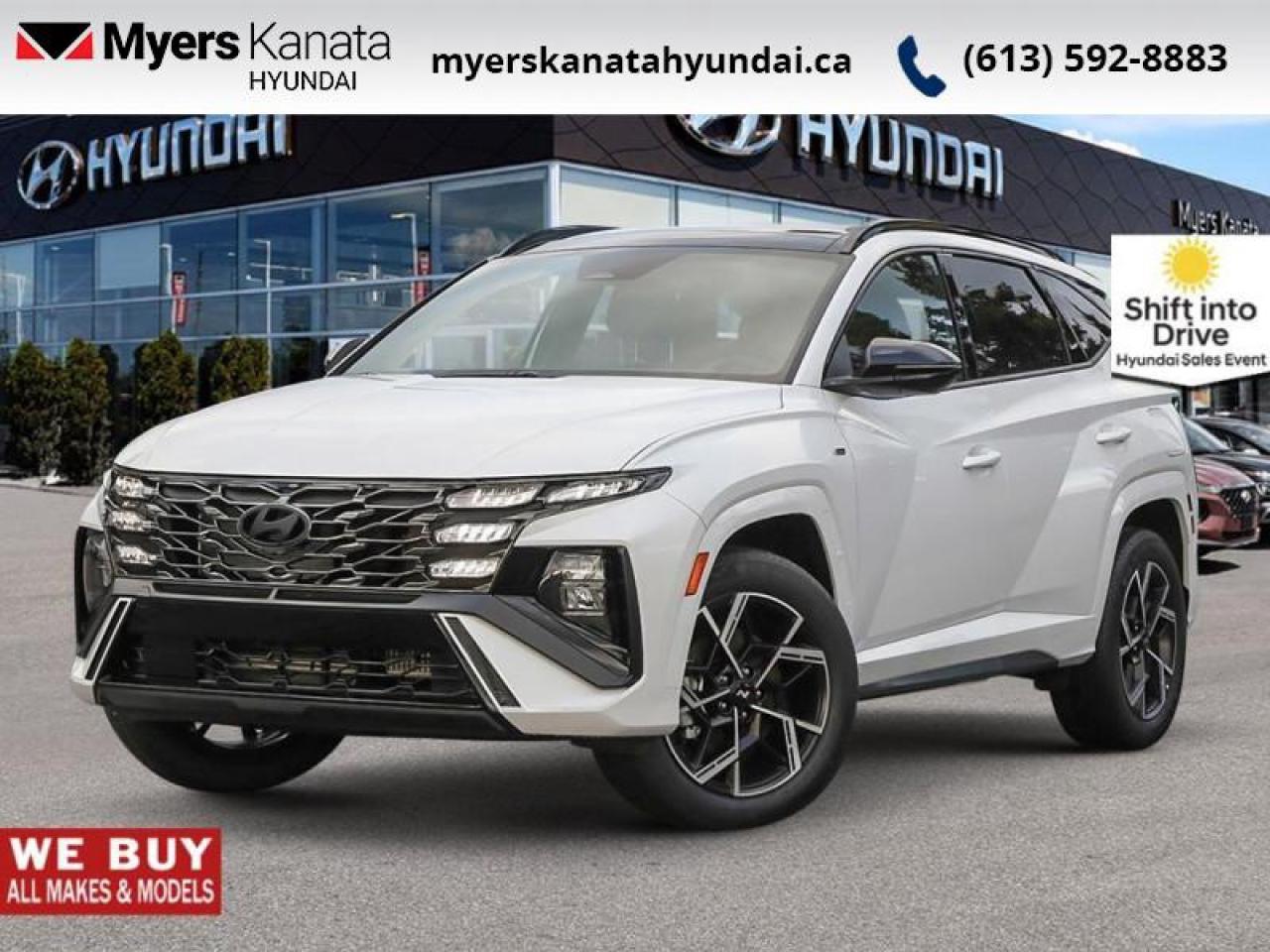 <b>Sunroof,  Leather Seats,  Apple CarPlay,  Android Auto,  Premium Audio!</b><br> <br> <br> <br>  Highways, byways, urban sprawls, and remote expanses, this 2025 Hyundai Tucson does it all with ease and grace. <br> <br>This 2025 Hyundai Tucson was made with eye for detail. From subtle surprises to bold design features, every part of this 2025 Hyundai Tucson is a treat. Stepping into the interior feels like a step right into the future with breathtaking technology and luxury that will make your smartphone jealous. Add on an intelligently capable chassis and drivetrain and you have the SUV of the future, ready for you today.<br> <br> This crystal wht SUV  has an automatic transmission and is powered by a  231HP 1.6L 4 Cylinder Engine.<br> <br> Our Tucson Hybrids trim level is N-Line AWD. This Tucson Hybrid N-Line trim adds on exterior trim upgrades and offers amazing features, including an automatic full-time all-wheel drive system, an express open/close glass sunroof with a power sunshade, heated leather seats with 8-way power adjustment and 2-way lumbar support, a heated leather-wrapped steering wheel, proximity keyless entry with remote start, a power-operated smart rear liftgate with proximity cargo access, and a 12.3-inch infotainment screen bundled with Apple CarPlay and Android Auto, onboard navigation with voice-activation, and a premium 8-speaker Bose audio system. Road safety is taken care of, thanks to adaptive cruise control, blind spot detection, lane keeping assist, lane departure warning, forward collision avoidance with pedestrian & cyclist detection, rear collision mitigation, driver monitoring alert, rear parking sensors, LED headlights with automatic high beams, and a rear view camera system. This vehicle has been upgraded with the following features: Sunroof,  Leather Seats,  Apple Carplay,  Android Auto,  Premium Audio,  Navigation,  Power Liftgate. <br><br> <br>To apply right now for financing use this link : <a href=https://www.myerskanatahyundai.com/finance/ target=_blank>https://www.myerskanatahyundai.com/finance/</a><br><br> <br/>    This vehicle may qualify for $500 Military Program Bonus. Eligible customers may qualify for the Hyundai 0.50% Loyalty Finance Rate Reduction - certain restrictions may apply. 6.29% financing for 96 months. <br> Buy this vehicle now for the lowest weekly payment of <b>$155.93</b> with $0 down for 96 months @ 6.29% APR O.A.C. ( Plus applicable taxes -  $2596 and licensing fees **Rebates may not be applicable on all purchase types [cash, lease, or finance]. Eligibility and conditions may vary. Please see dealer for full details and confirmation of eligibility.    ).  Incentives expire 2025-09-02.  See dealer for details. <br> <br>This vehicle is located at Myers Kanata Hyundai 400-2500 Palladium Dr Kanata, Ontario. <br><br> Come by and check out our fleet of 30+ used cars and trucks and 90+ new cars and trucks for sale in Kanata.  o~o