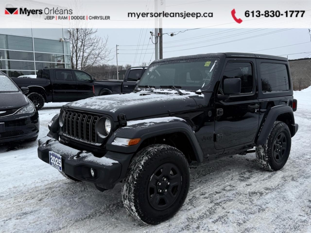 <b>Low Mileage, Mobile Hotspot,  Proximity Key,  Cruise Control,  Rear Camera!</b><br> <br>  Compare at $41446 -  is just $39998! <br> <br>This ultra capable Jeep Wrangler was built to be tough and reliable, with next level comfort and convenience. This 2025 Jeep Wrangler is fresh on our lot in Orleans. <br> <br>No matter where your next adventure takes you, this Jeep Wrangler is ready for the challenge. With advanced traction and handling capability, sophisticated safety features and ample ground clearance, the Wrangler is designed to climb up and crawl over the toughest terrain. Inside the cabin of this Wrangler offers supportive seats and comes loaded with the technology you expect while staying loyal to the style and design youve come to know and love. This low mileage SUV has just 7,910 km. Its Black in colour and is completely accident free based on the <a href=https://vhr.carfax.ca/?id=9vXMA803V6Dto8K7TroQEnjaoUhfCQLm target=_blank>CARFAX Report</a>. It has an Automatic transmission and is powered by a 270HP 2.0L 4 Cylinder Engine. <br> <br> Our Wranglers trim level is Sport. This off-road icon in the Sport trim comes standard with front and rear tow hooks, front fog lamps, and a manual convertible top with fixed rollover protection. Also standard include front and rear illuminated cupholders, air conditioning, an 8-speaker audio system, and a 12.3-inch infotainment screen powered by Uconnect 5W, with smartphone integration and mobile hotspot internet access. Additional features include cruise control, a rearview camera, and even more. This vehicle has been upgraded with the following features: Mobile Hotspot, Proximity Key, Cruise Control, Rear Camera.<br> To view the original window sticker for this vehicle view this <a href=http://www.chrysler.com/hostd/windowsticker/getWindowStickerPdf.do?vin=1C4PJXAN7SW558314 target=_blank>http://www.chrysler.com/hostd/windowsticker/getWindowStickerPdf.do?vin=1C4PJXAN7SW558314</a>. <br/><br> <br>To apply right now for financing use this link: <a href=https://www.myersorleansjeep.ca/apply-for-financing/ target=_blank>https://www.myersorleansjeep.ca/apply-for-financing/</a><br><br> <br/><br> Buy this vehicle now for the lowest weekly payment of <b>$121.07</b> with $0 down for 96 months @ 5.99% APR O.A.C. ( Plus applicable taxes -  Plus applicable fees   / Total Obligation of $50367  ).  See dealer for details. <br> <br>The road to new driving experiences begins in our inventory, where youll find an incredible array of brand-new cars, trucks, minivans, and SUVs, including two of our bestselling models, the Dodge Ram 1500 and the Dodge Grand Caravan. If you want to know what the cutting edge of automotive technology looks like, all you have to do is visit Myers Orleans Jeep! Each model comes loaded with the convenient features and cool technology that help make every trip memorable. Looking for additional everyday luxury at a price thats incredibly wallet-friendly? Choose from our selection of quality pre-owned models! If you can think of a road, our friendly and knowledgeable sales team will help you find the perfect vehicle to drive it.<br><br>We may be a well-established dealership thats been part of the community for many years, but that doesnt mean were stuck in the past! At Myers Orleans Jeep, were proud to provide a fresh, modern approach to car buying. Using our array of online tools, you can browse our extensive inventory, schedule a service appointment, order parts, and even apply for credit from wherever youve got a connection. Our goal is to create relationships that will last, and we know that the best way to do this is by providing a dealership experience thats based on honesty, transparency, trust, and a commitment to customers. Stop by today and discover all the ways we go above and beyond for you.<br><br> Come by and check out our fleet of 50+ used cars and trucks and 70+ new cars and trucks for sale in Orleans.  o~o
