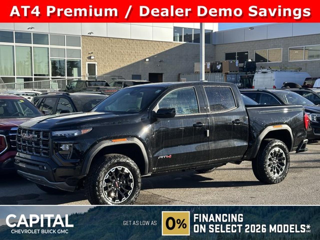 This GMC Canyon delivers a Turbocharged Gas I4 2.7L/ engine powering this Automatic transmission. WIRELESS PHONE CHARGING, FOR PORTABLE DEVICES, TRANSMISSION, 8-SPEED AUTOMATIC, 8L80 (STD), TECHNOLOGY PLUS PACKAGE includes (KSG) Adaptive Cruise Control, (UKK) Rear Pedestrian Alert, (UV2) HD Surround Vision, (CAC) Sunroof, (UQA) Bose Sound System, (AKK) laminated acoustic windshield glass and (UV6) Multicolour 6.3 Diagonal Head-Up Display.*This GMC Canyon Comes Equipped with These Options *AT4 PREMIUM PACKAGE includes (HX6) Jet Black/Timber perforated leather-appointed front seating surfaces, (A45) Driver memory recall, (A7J) 6-way front passenger seat, (AT9) Power Lumbar front passenger seat, (DA5) Rear Seat Centre Arm Rest, (E90) Driver seat back pocket, (K7A) Wireless charging, (KI3) heated steering wheel and (KU9) Ventilated driver and front passenger seats , ONYX BLACK, ENGINE, TURBOMAX (310 hp [231 kW] @ 5600 rpm, 430 lb-ft of torque [583 Nm] @ 3000 rpm) (STD), ENGINE BLOCK HEATER, AT4 PREFERRED EQUIPMENT GROUP includes standard equipment, Wireless Apple CarPlay/Wireless Android Auto, Windows, remote Express-Down, all windows, Windows, power with driver Express-Up and Down, Windows, power rear, express down, Window, rear-sliding, manual.* Visit Us Today *For a must-own GMC Canyon come see us at Capital Chevrolet Buick GMC Inc., 13103 Lake Fraser Drive SE, Calgary, AB T2J 3H5. Just minutes away!