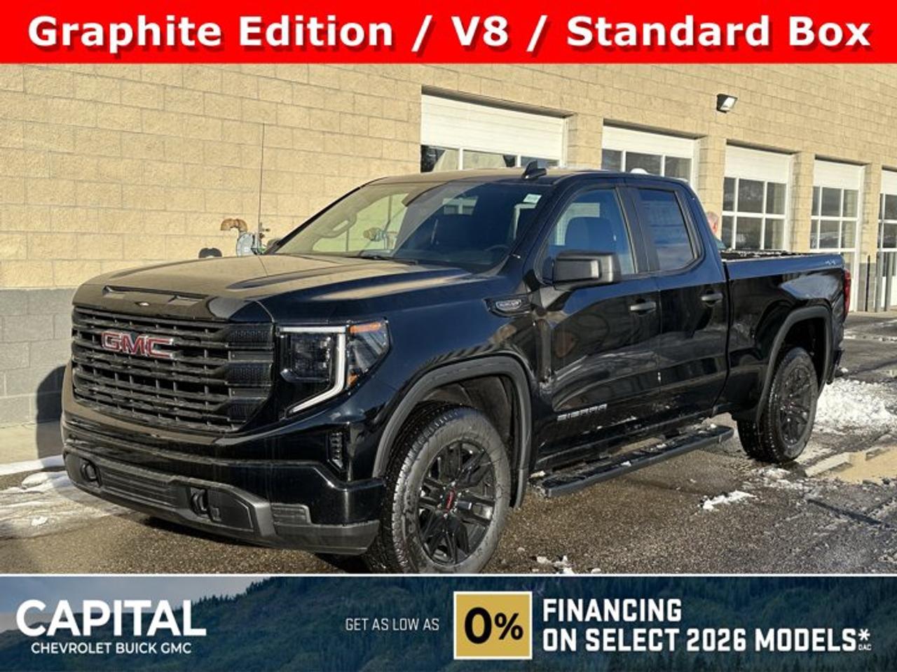 Accessories include tonneau cover.This GMC Sierra 1500 delivers a Gas V8 5.3L/325 engine powering this Automatic transmission. TRANSMISSION, 10-SPEED AUTOMATIC, (COLUMN SHIFTER) ELECTRONICALLY CONTROLLED with overdrive and tow/haul mode. Includes Cruise Grade Braking and Powertrain Grade Braking, REAR AXLE, 3.23 RATIO, PRO VALUE PACKAGE includes (PCI) Convenience Package and (Z82) Trailering Package.*This GMC Sierra 1500 Features the Following Options *GRAPHITE EDITION includes (U2K) SiriusXM, (VT5) body-colour rear bumper, (VB5) body colour front bumper, (B30) colour-keyed carpeting, (BTV) Remote Start, (UTJ) Theft-deterrent system, (RD3) 20 6-spoke High gloss Black painted aluminum wheels, and (QAB) 275/60R20 all-season tires and Body colour upper grille., ENGINE, 5.3L ECOTEC3 V8 (355 hp [265 kW] @ 5600 rpm, 383 lb-ft of torque [518 Nm] @ 4100 rpm); featuring Dynamic Fuel Management (Includes (KW7) 170-amp alternator and (MHT) 10-speed automatic transmission., ENGINE BLOCK HEATER, AUTO-LOCKING REAR DIFFERENTIAL, Wireless, Apple CarPlay / Wireless Android Auto, Windows, power rear, express down (Not available on Regular Cab models.), Windows, power front, drivers express up/down, Window, power front, passenger express down, Wi-Fi Hotspot capable (Terms and limitations apply. See onstar.ca or dealer for details.), Wheels, 17 x 8 (43.2 cm x 20.3 cm) painted steel, Silver.*Stop By Today *Come in for a quick visit at Capital Chevrolet Buick GMC Inc., 13103 Lake Fraser Drive SE, Calgary, AB T2J 3H5 to claim your GMC Sierra 1500!