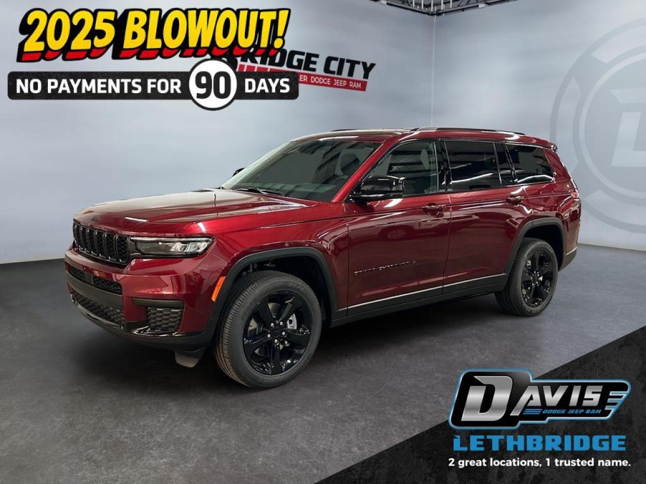 <b>Leather and Suede Seats, Heated Seats, Heated Steering Wheel, Apple CarPlay and Android Auto, Adaptive Cruise Control!<br /> <br /></b><br /> <br /> <br />The 2025 Jeep Grand Cherokee L Altitude 4x4 in Velvet Red Pearl blends bold style with everyday capability, powered by a 3.6L Pentastar VVT V6 with Stop/Start and an 8-speed TorqueFlite automatic transmission. With its advanced 4x4 system, this three-row SUV delivers confident traction in all weather, making it ideal for families, commuters, and adventure-focused drivers.<br /><br />Inside, the Altitude package upgrades the cabin with Capri leatherette seats with suede inserts, black headliner, front heated seats, a heated steering wheel, and tri-zone automatic climate control. Technology highlights include a 10.25-inch digital gauge cluster, Uconnect 5 with 8.4-inch touchscreen, hands-free communication, 4G LTE Wi-Fi hotspot, wireless charging pad, third-row USB ports, and a power liftgate for added convenience.<br /><br />Safety features include Adaptive Cruise Control with Stop & Go, Full-Speed Forward Collision Warning Plus, Pedestrian/Cyclist Emergency Braking, Active Lane Management, Blind-Spot Monitoring with Rear Cross-Path Detection, ParkView rear camera, and Park-Sense rear park assist. With its stylish Altitude Appearance Packagefeaturing Gloss Black accents and 20-inch Gloss Black wheelsplus strong V6 performance and three-row versatility, this 2025 Grand Cherokee L Altitude 4x4 stands out as a modern, family-ready SUV.<br /> <br />To apply right now for financing use this link: <a href=https://www.bridgecitychrysler.com/pre-approval/ target=_blank rel=nofollow noopener noreferrer>https://www.bridgecitychrysler.com/pre-approval/</a><br /><br /> <br /><br />As a premier Chrysler, Dodge, Jeep and RAM dealership, Bridge City Chrysler proudly offers an extensive selection of new and used vehicles to meet every drivers needs. Customers across Lethbridge, Fort Macleod, Taber, Claresholm, Coaldale, and beyond trust us for daily vehicle specials, certified service and parts, and a seamless online inventory experience. <br /><br /> With competitive financing options and expert support, we make car buying easy and enjoyable. <br /><br /> Ready to hit the road? Schedule your test drive today at Bridge City Chrysler, your trusted Chrysler, Dodge, Jeep and RAM dealer in Lethbridge, Alberta.<br /><br /> Vehicle pricing offer shown expires 2026-01-31. <br /> Come by and check out our fleet of 80+ used cars and trucks and 120+ new cars and trucks for sale in Lethbridge. o~o