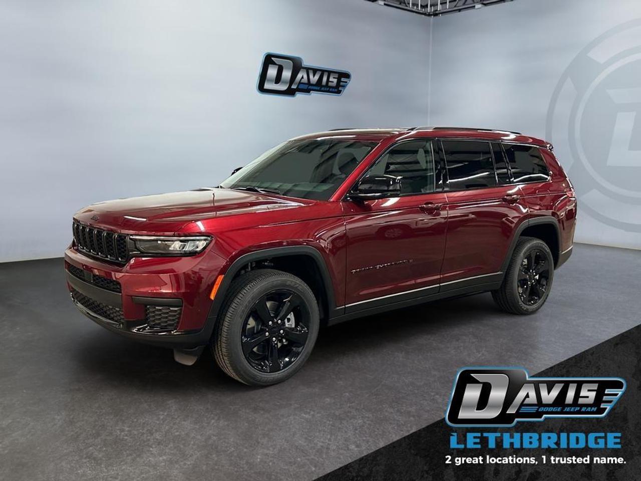<b>Leather and Suede Seats, Heated Seats, Heated Steering Wheel, Apple CarPlay and Android Auto, Adaptive Cruise Control!<br /> <br /></b><br /> <br /> <br />The 2025 Jeep Grand Cherokee L Altitude 4x4 in Velvet Red Pearl blends bold style with everyday capability, powered by a 3.6L Pentastar VVT V6 with Stop/Start and an 8-speed TorqueFlite automatic transmission. With its advanced 4x4 system, this three-row SUV delivers confident traction in all weather, making it ideal for families, commuters, and adventure-focused drivers.<br /><br />Inside, the Altitude package upgrades the cabin with Capri leatherette seats with suede inserts, black headliner, front heated seats, a heated steering wheel, and tri-zone automatic climate control. Technology highlights include a 10.25-inch digital gauge cluster, Uconnect 5 with 8.4-inch touchscreen, hands-free communication, 4G LTE Wi-Fi hotspot, wireless charging pad, third-row USB ports, and a power liftgate for added convenience.<br /><br />Safety features include Adaptive Cruise Control with Stop & Go, Full-Speed Forward Collision Warning Plus, Pedestrian/Cyclist Emergency Braking, Active Lane Management, Blind-Spot Monitoring with Rear Cross-Path Detection, ParkView rear camera, and Park-Sense rear park assist. With its stylish Altitude Appearance Packagefeaturing Gloss Black accents and 20-inch Gloss Black wheelsplus strong V6 performance and three-row versatility, this 2025 Grand Cherokee L Altitude 4x4 stands out as a modern, family-ready SUV.<br /> <br />To apply right now for financing use this link: <a href=https://lethbridge.davisdodge.ca/free-credit-check/ target=_blank rel=nofollow noopener noreferrer>https://lethbridge.davisdodge.ca/free-credit-check/</a><br /><br /> <br /><br />As a premier Chrysler, Dodge, Jeep and RAM dealership, Davis Dodge proudly offers an extensive selection of new and used vehicles to meet every drivers needs. Customers across Lethbridge, Fort Macleod, Taber, Claresholm, Coaldale, and beyond trust us for daily vehicle specials, certified service and parts, and a seamless online inventory experience. <br /><br /> With competitive financing options and expert support, we make car buying easy and enjoyable. <br /><br /> Ready to hit the road? Schedule your test drive today at Davis Dodge, your trusted Chrysler, Dodge, Jeep and RAM dealer in Lethbridge, Alberta.<br /><br /> Vehicle pricing offer shown expires 2026-04-30. <br /> Come by and check out our fleet of 70+ used cars and trucks and 110+ new cars and trucks for sale in Lethbridge. o~o