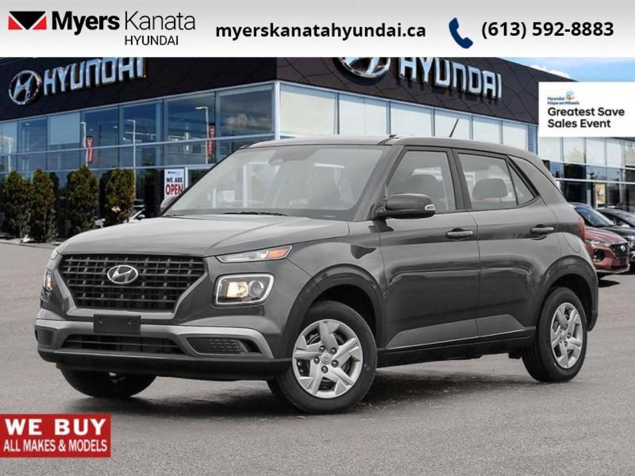<br> <br>  Hello. <br> <br><br> <br> This ecotronic gry SUV  has an automatic transmission.<br> <br> Our Venues trim level is Essential IVT. <br><br> <br>To apply right now for financing use this link : <a href=https://www.myerskanatahyundai.com/finance/ target=_blank>https://www.myerskanatahyundai.com/finance/</a><br><br> <br/>    This vehicle may qualify for $500 Military Program Bonus. Eligible customers may qualify for the Hyundai 0.50% Loyalty Finance Rate Reduction - certain restrictions may apply. 6.49% financing for 96 months. <br> Buy this vehicle now for the lowest weekly payment of <b>$91.90</b> with $0 down for 96 months @ 6.49% APR O.A.C. ( Plus applicable taxes -  $2596 and licensing fees **Rebates may not be applicable on all purchase types [cash, lease, or finance]. Eligibility and conditions may vary. Please see dealer for full details and confirmation of eligibility.    ).  Incentives expire 2025-10-31.  See dealer for details. <br> <br>This vehicle is located at Myers Kanata Hyundai 400-2500 Palladium Dr Kanata, Ontario. <br><br> Come by and check out our fleet of 30+ used cars and trucks and 150+ new cars and trucks for sale in Kanata.  o~o